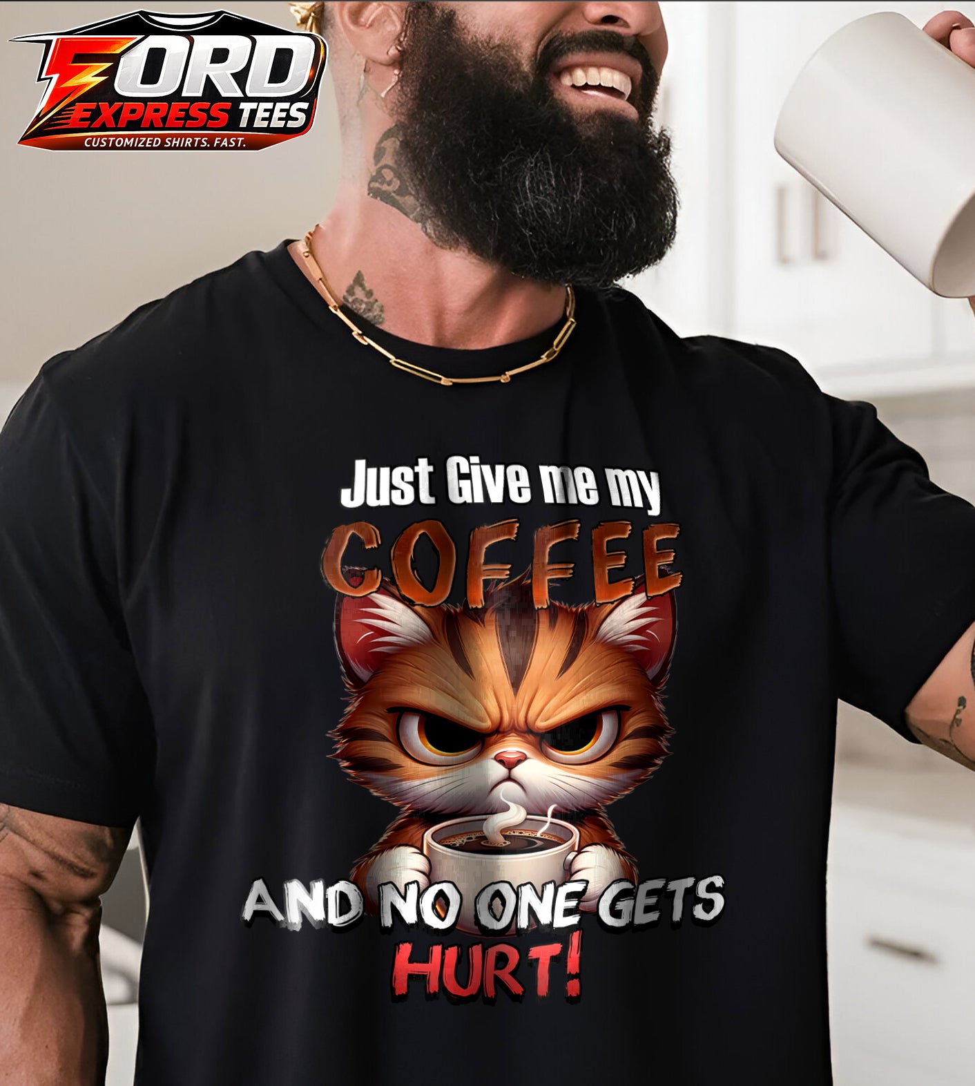 Angry Cat Funny Coffee Graphic Tee