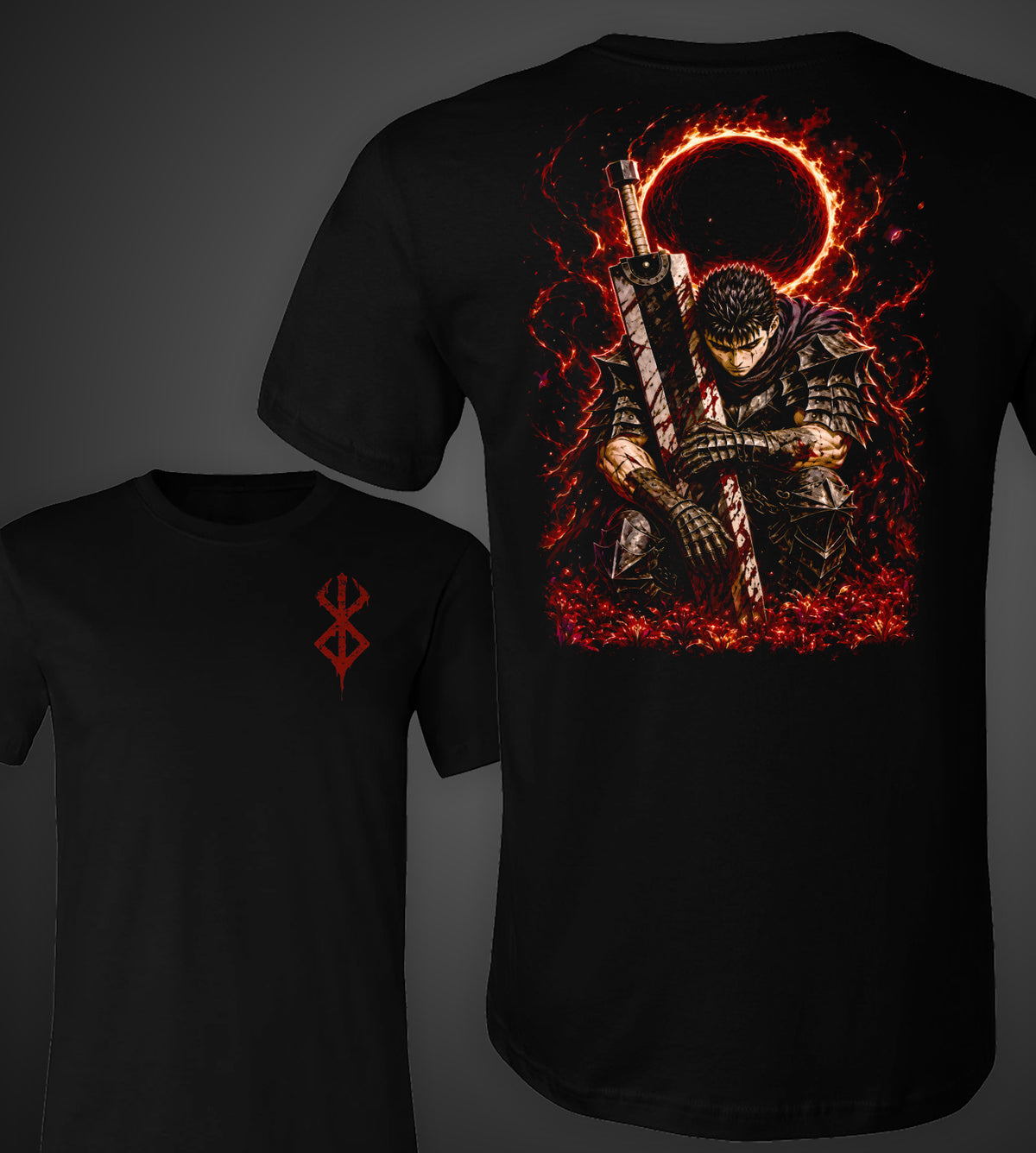 Berserk Guts Kneeling Anime Front and Back Graphic Tee