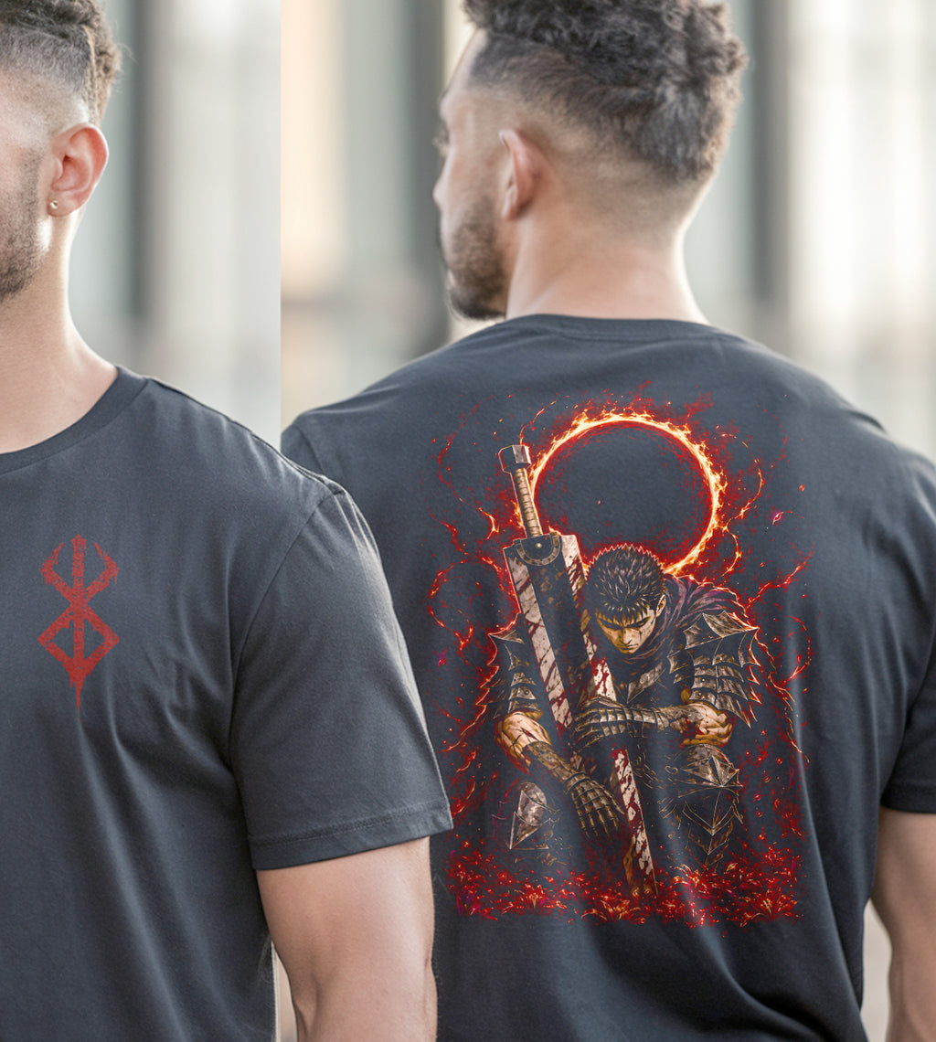 Berserk Guts Kneeling Anime Front and Back Graphic Tee