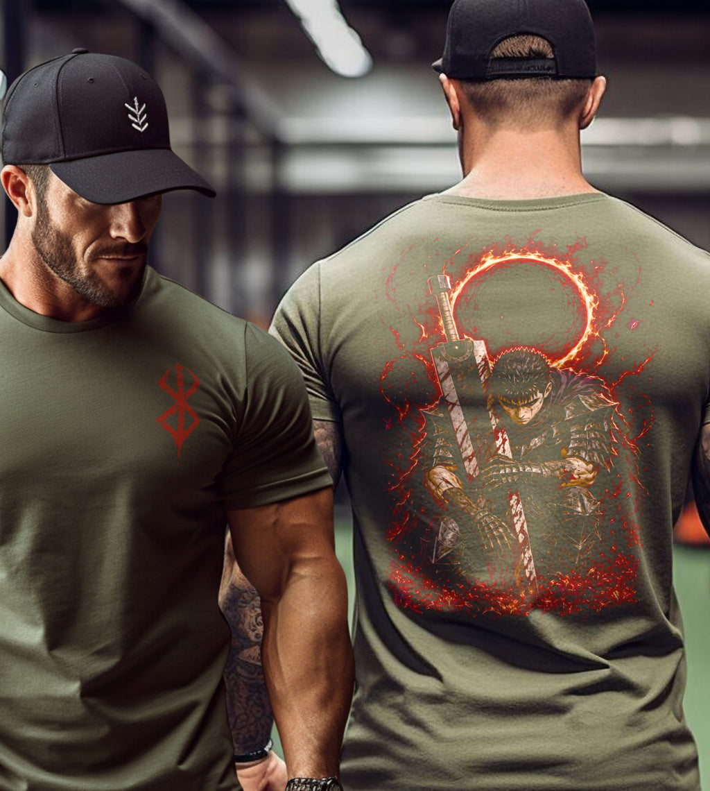 Berserk Guts Kneeling Anime Front and Back Graphic Tee