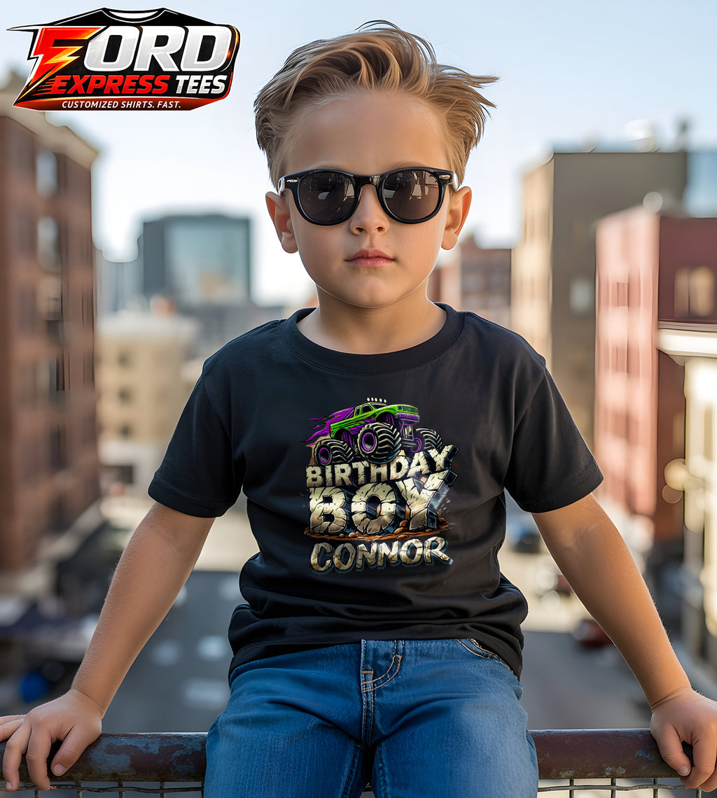 Birthday Boy Customized Name Graphic Tee Monster Truck