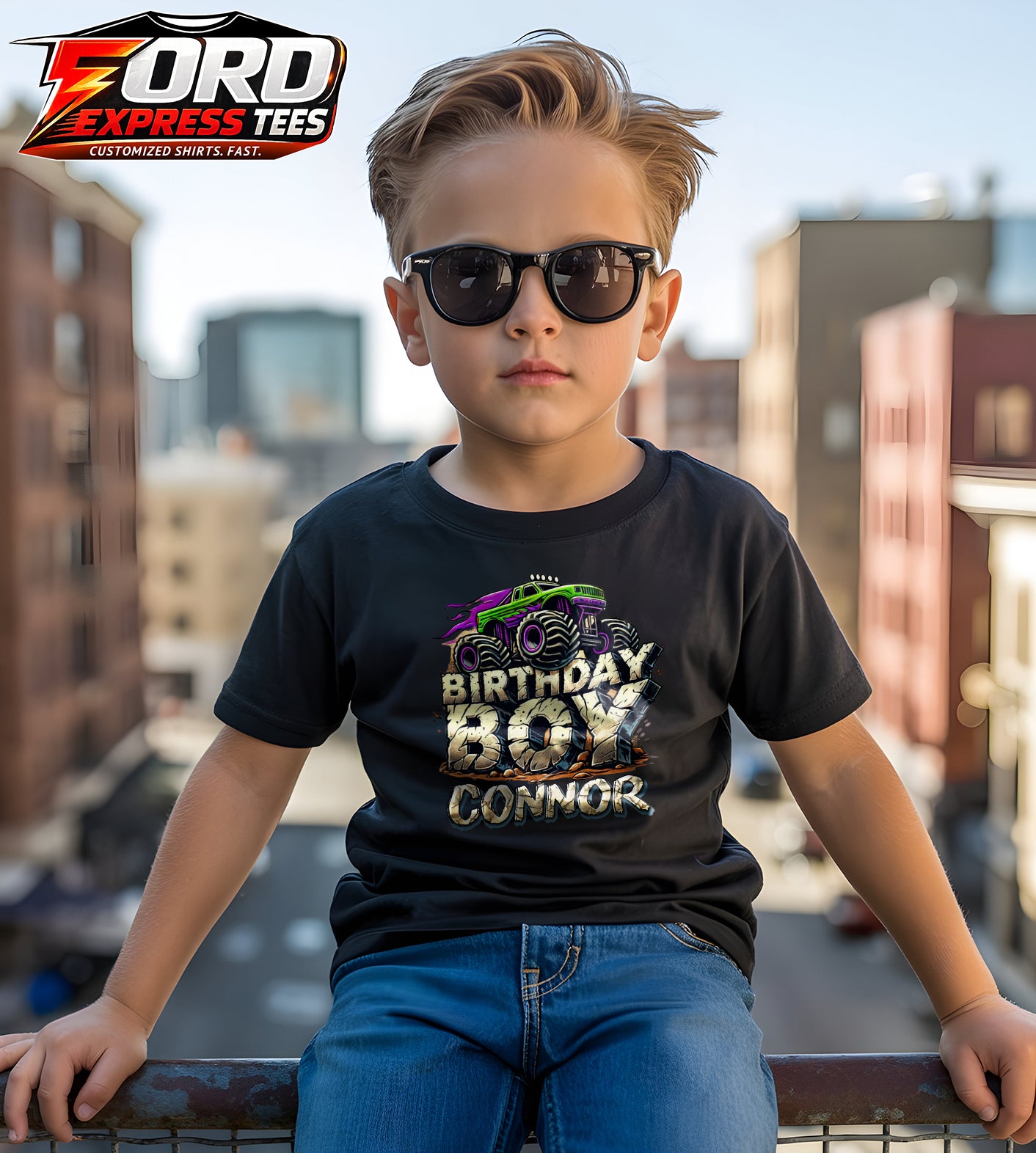 Birthday Boy Customized Name Graphic Tee Monster Truck