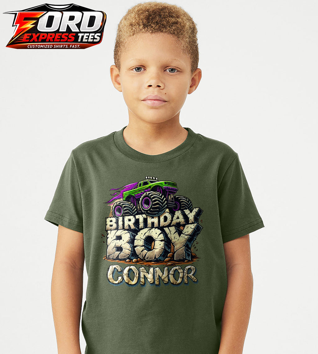 Birthday Boy Customized Name Graphic Tee Monster Truck