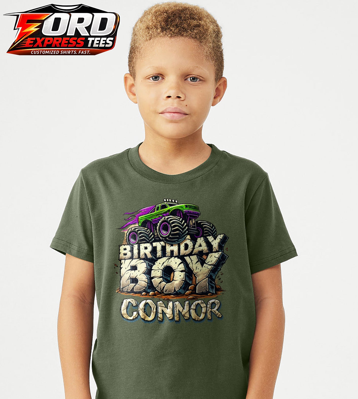 Birthday Boy Customized Name Graphic Tee Monster Truck