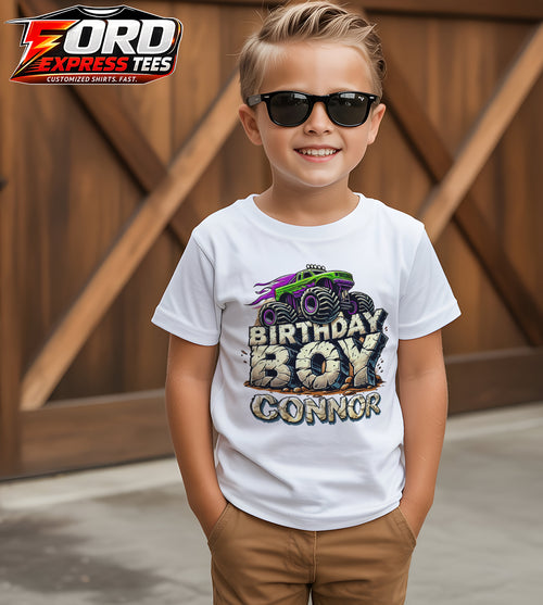 Birthday Boy Customized Name Graphic Tee Monster Truck