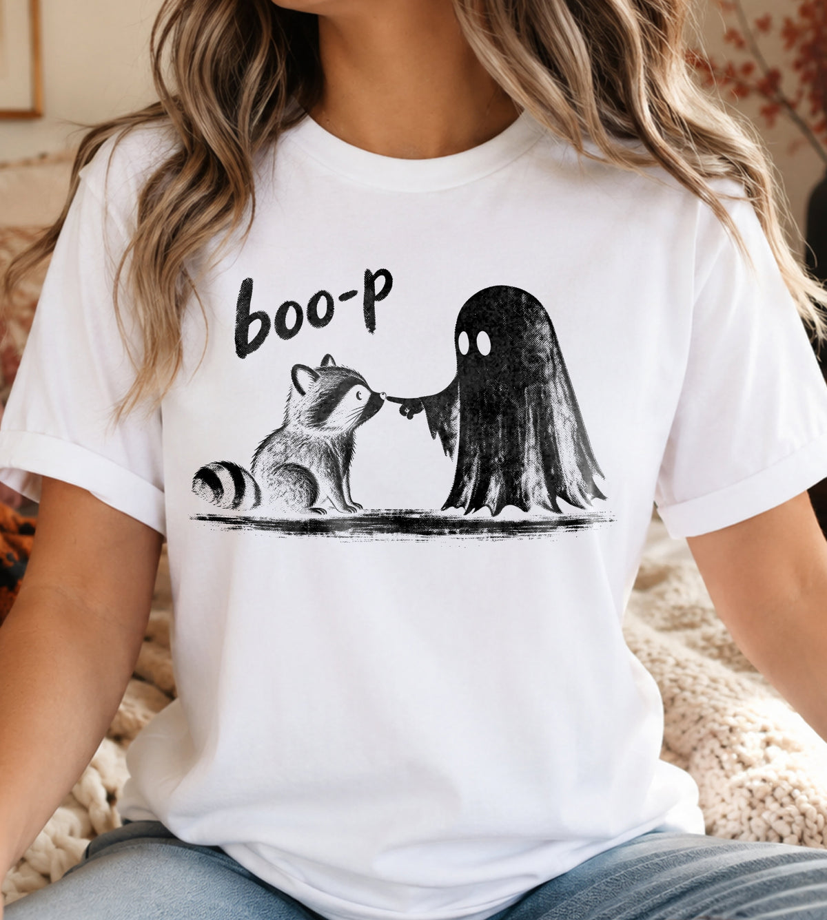 Boop Cute Raccoon Ghost Halloween Graphic Tee