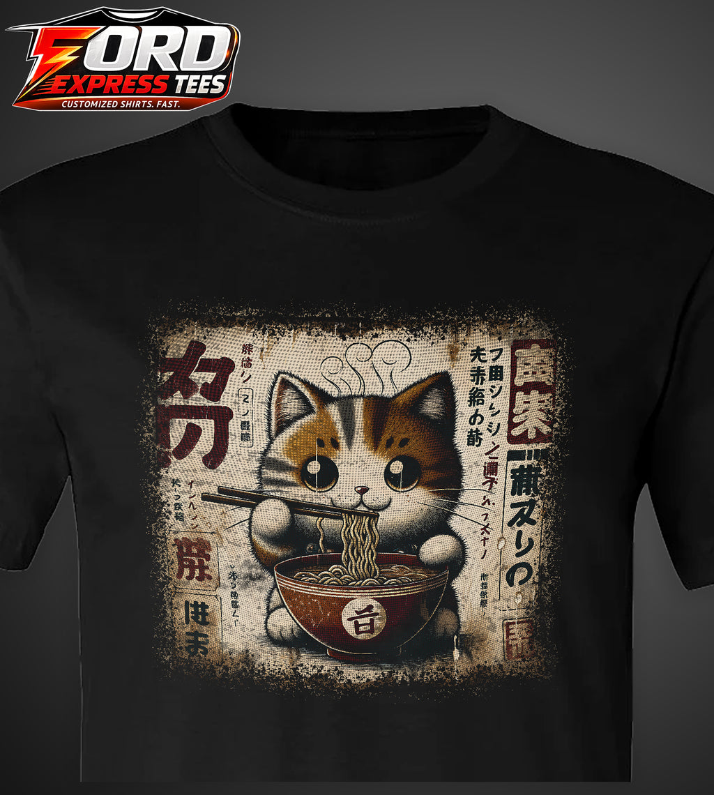 Cat Eating Ramen Noodles Graphic Tee
