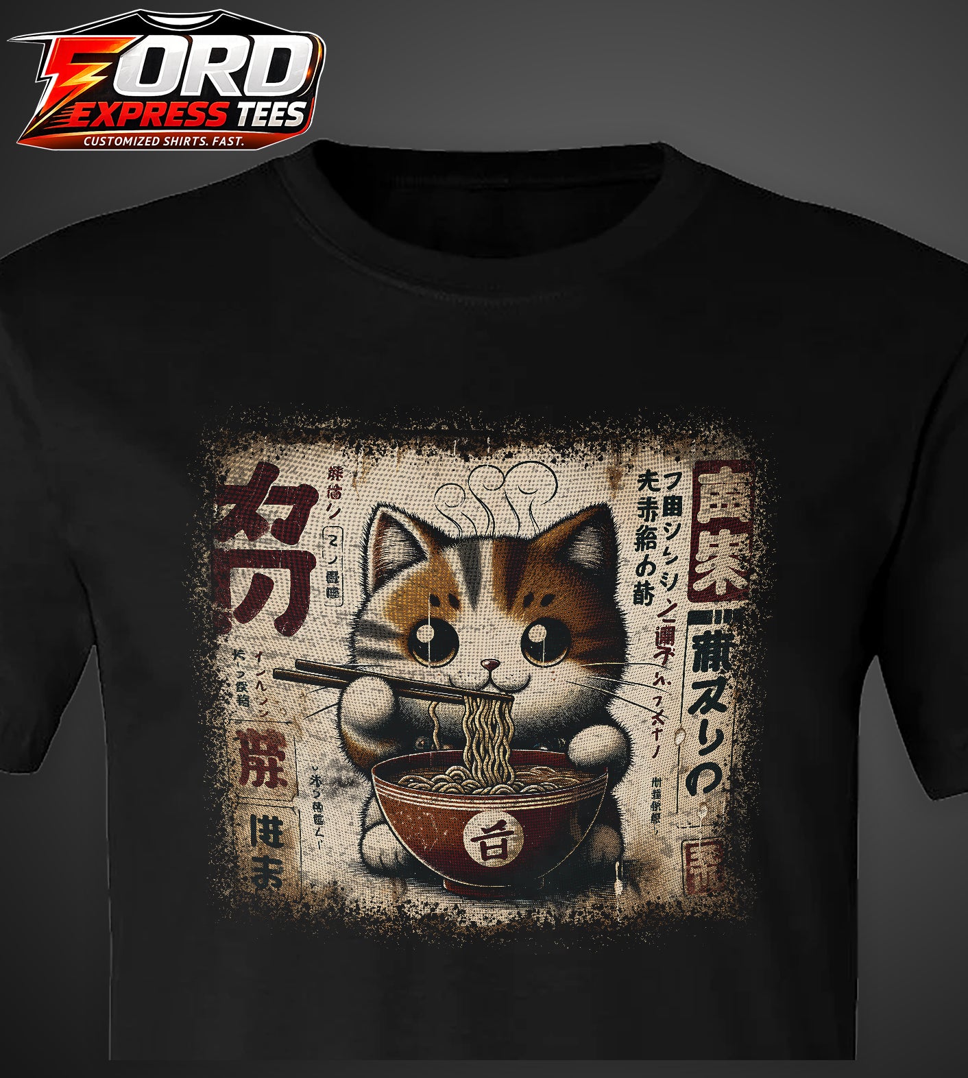 Cat Eating Ramen Noodles Graphic Tee