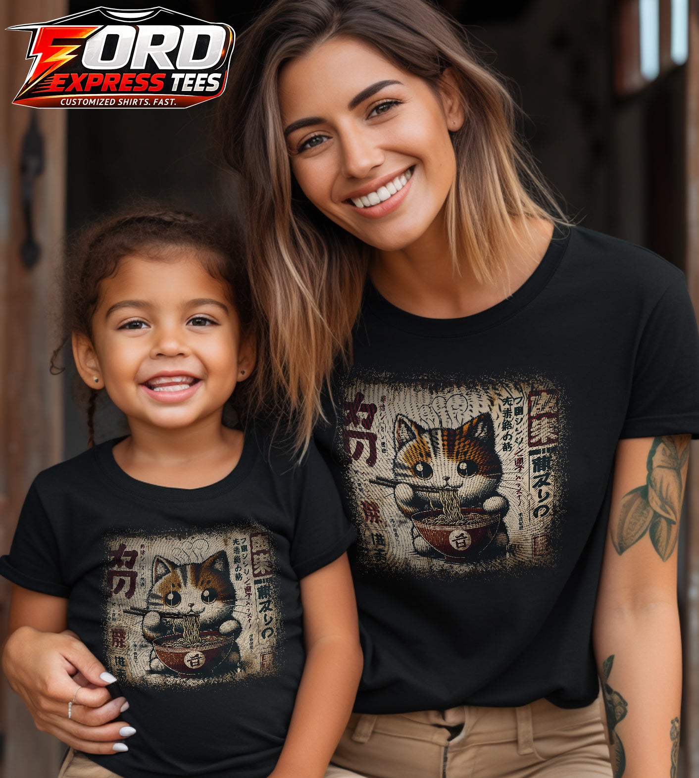 Cat Eating Ramen Noodles Graphic Tee