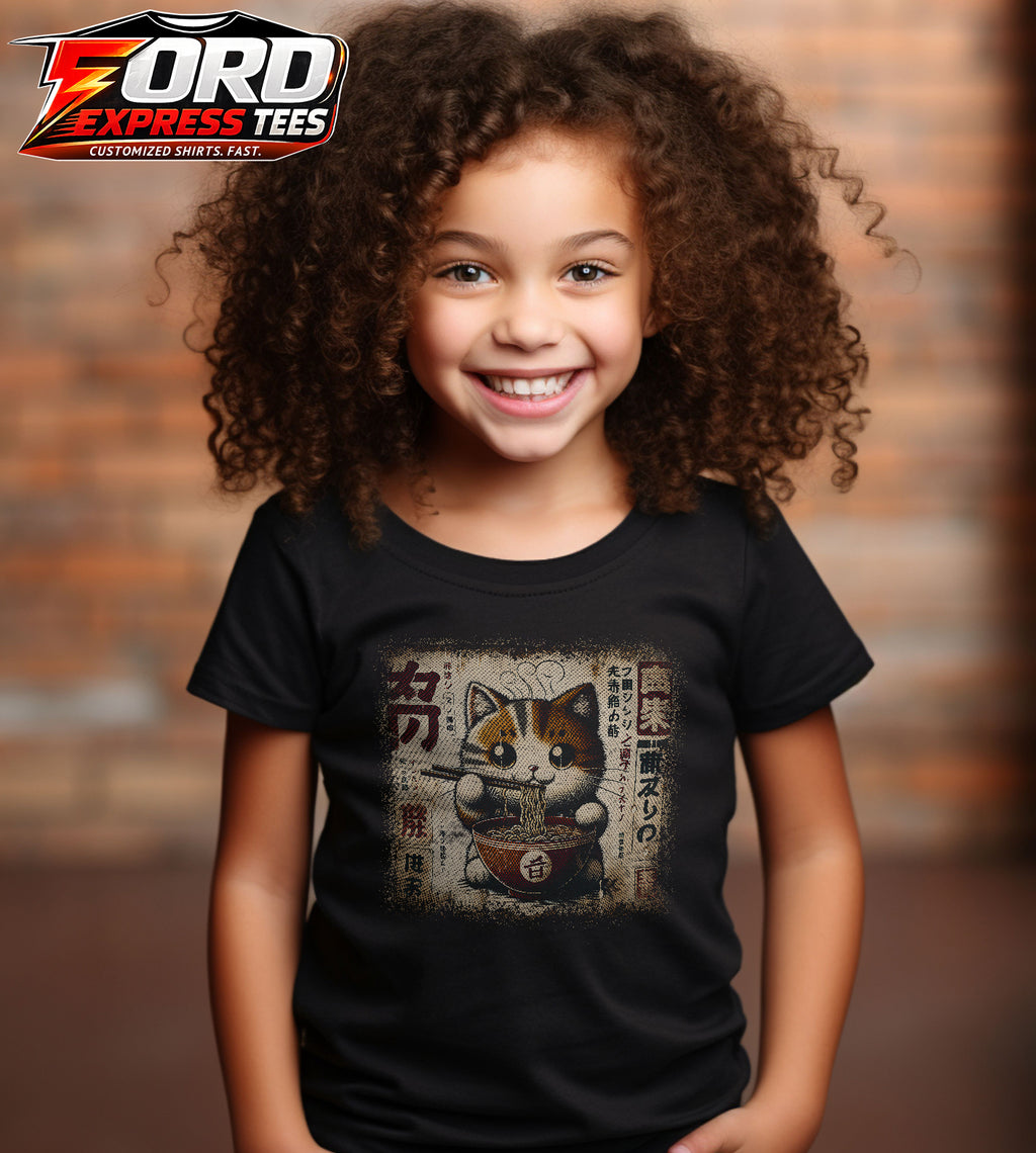 Cat Eating Ramen Noodles Graphic Tee