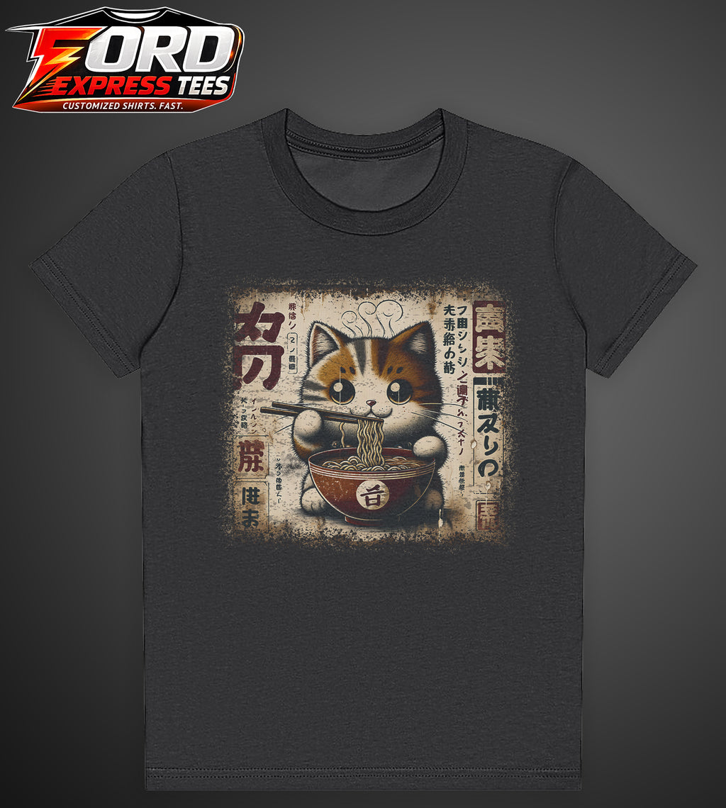 Cat Eating Ramen Noodles Graphic Tee