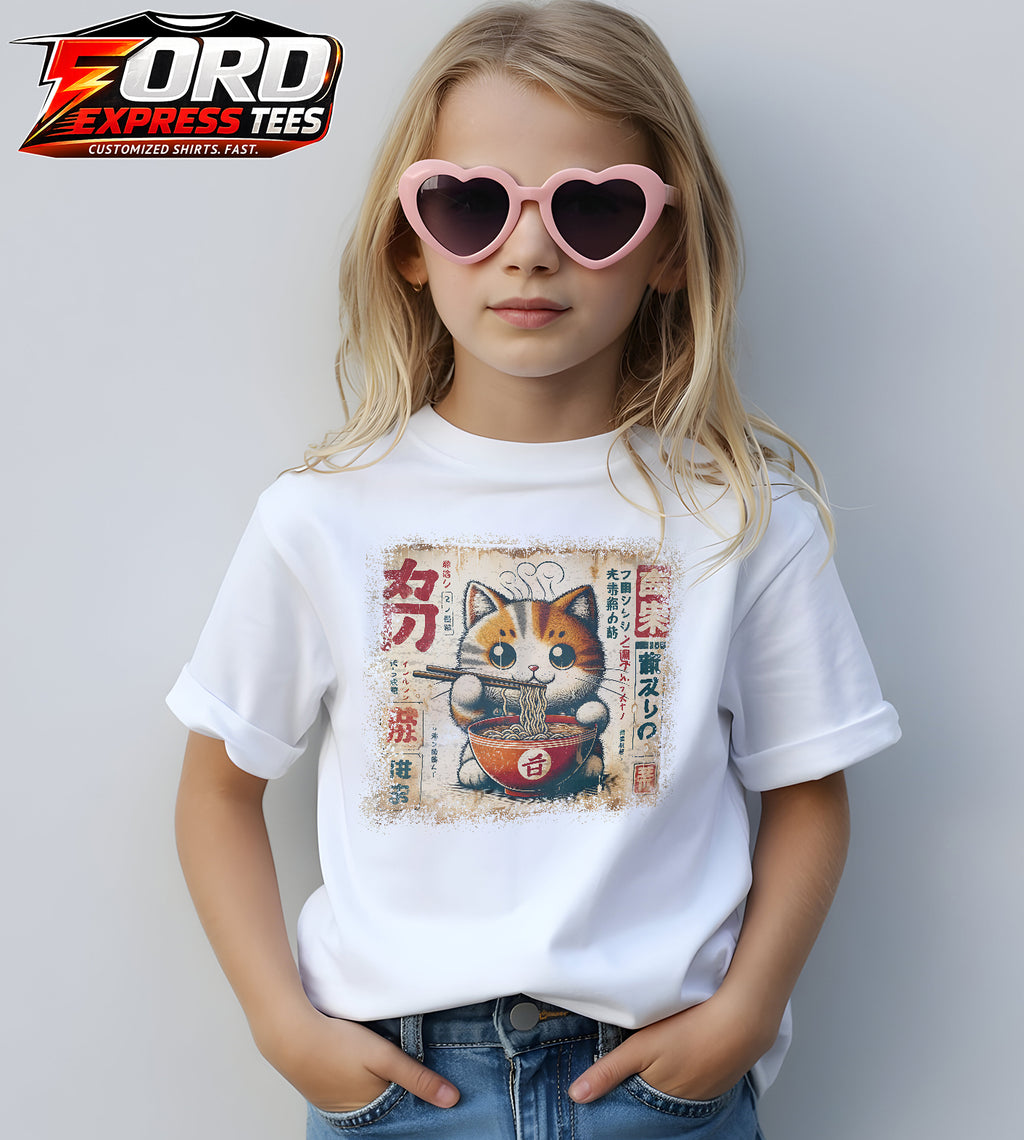 Cat Eating Ramen Noodles Graphic Tee