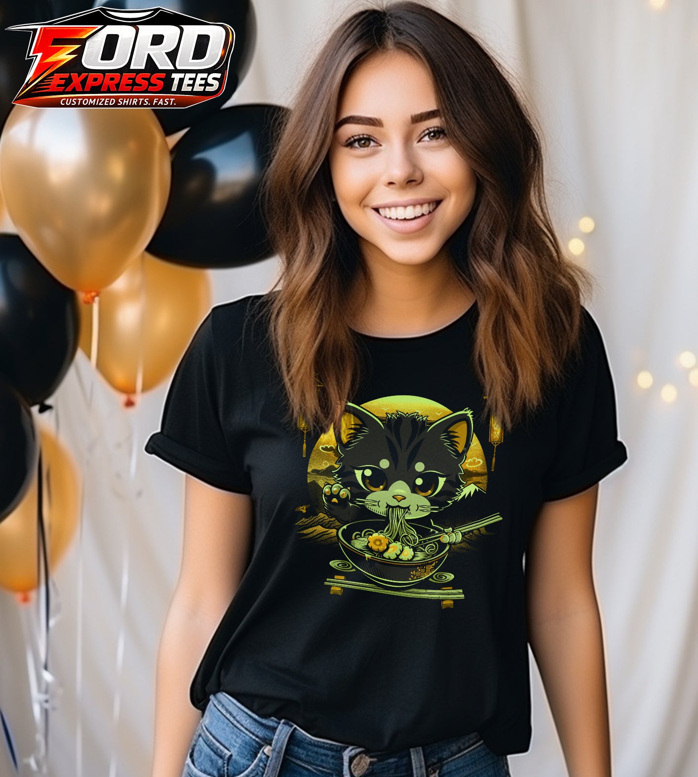 Cat Eating Ramen Graphic Tee