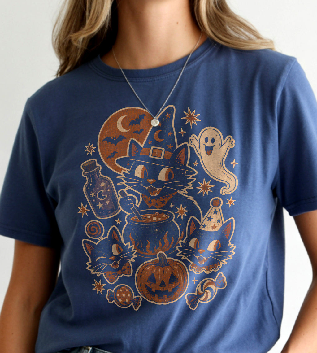 Halloween Cat Witch Graphic Tee
