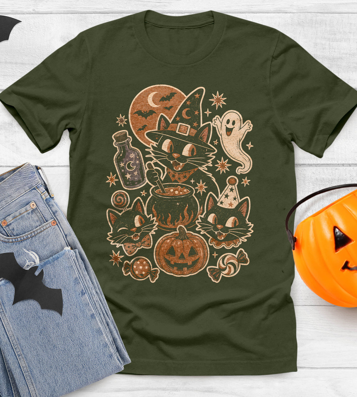 Halloween Cat Witch Graphic Tee