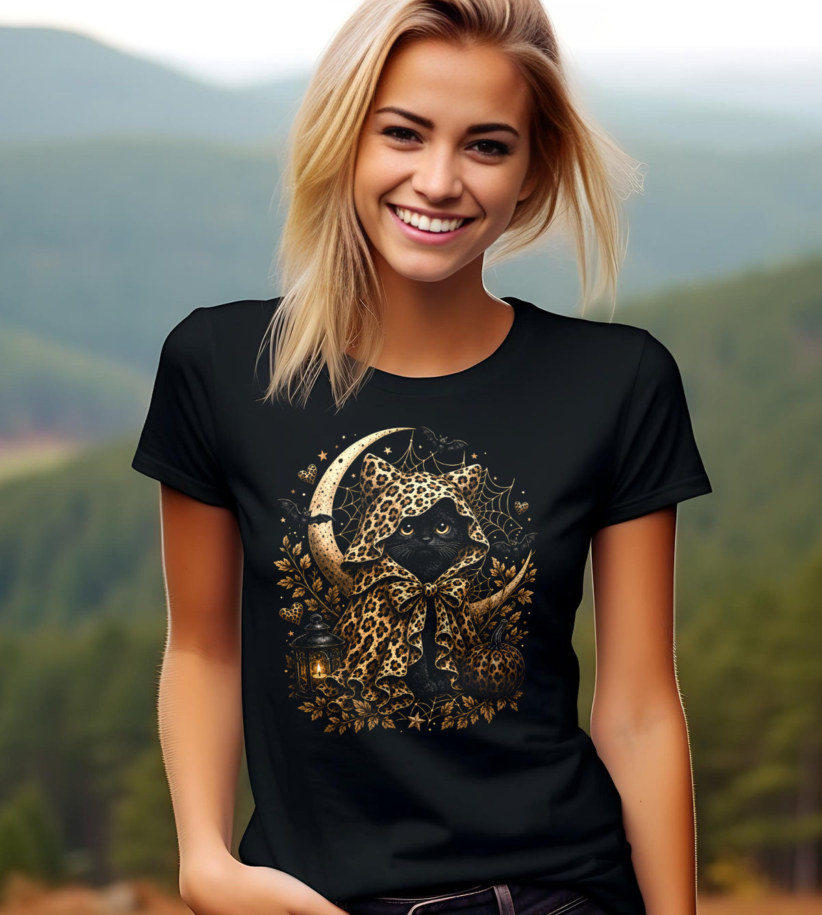 Halloween Cat Leopard Trick or Treat Graphic Tee