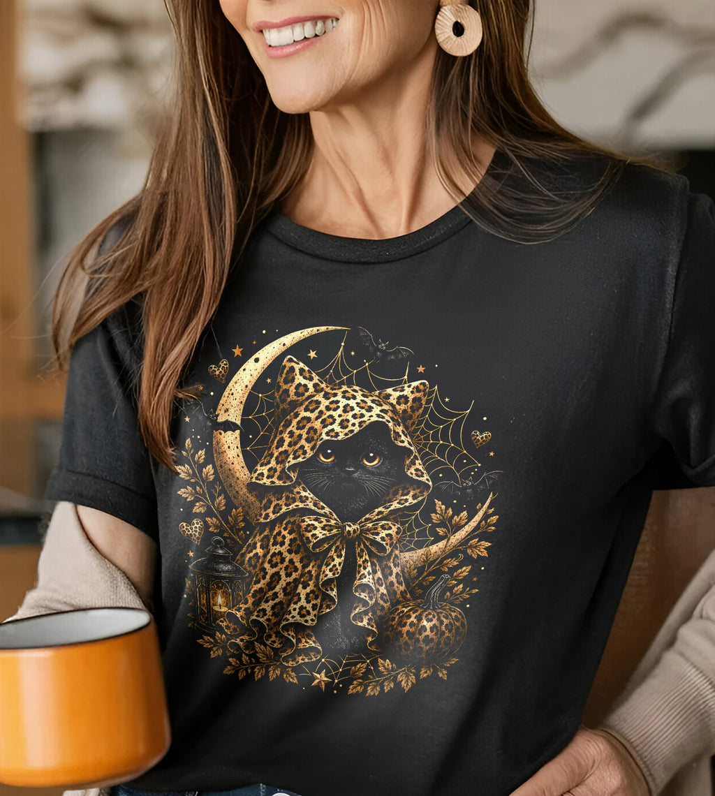 Halloween Cat Leopard Trick or Treat Graphic Tee