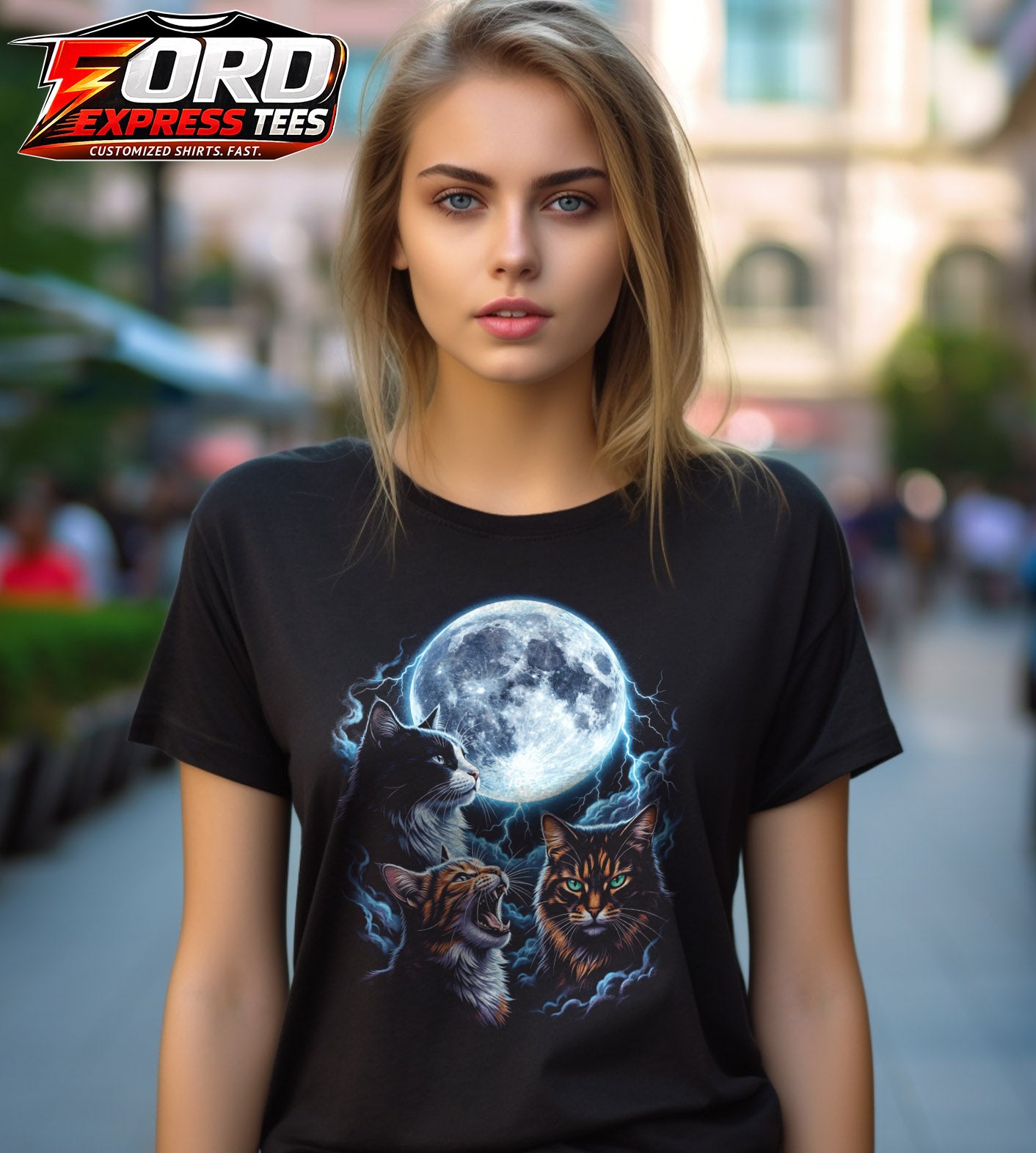 Cats with Moon and Lightning Graphic Tee