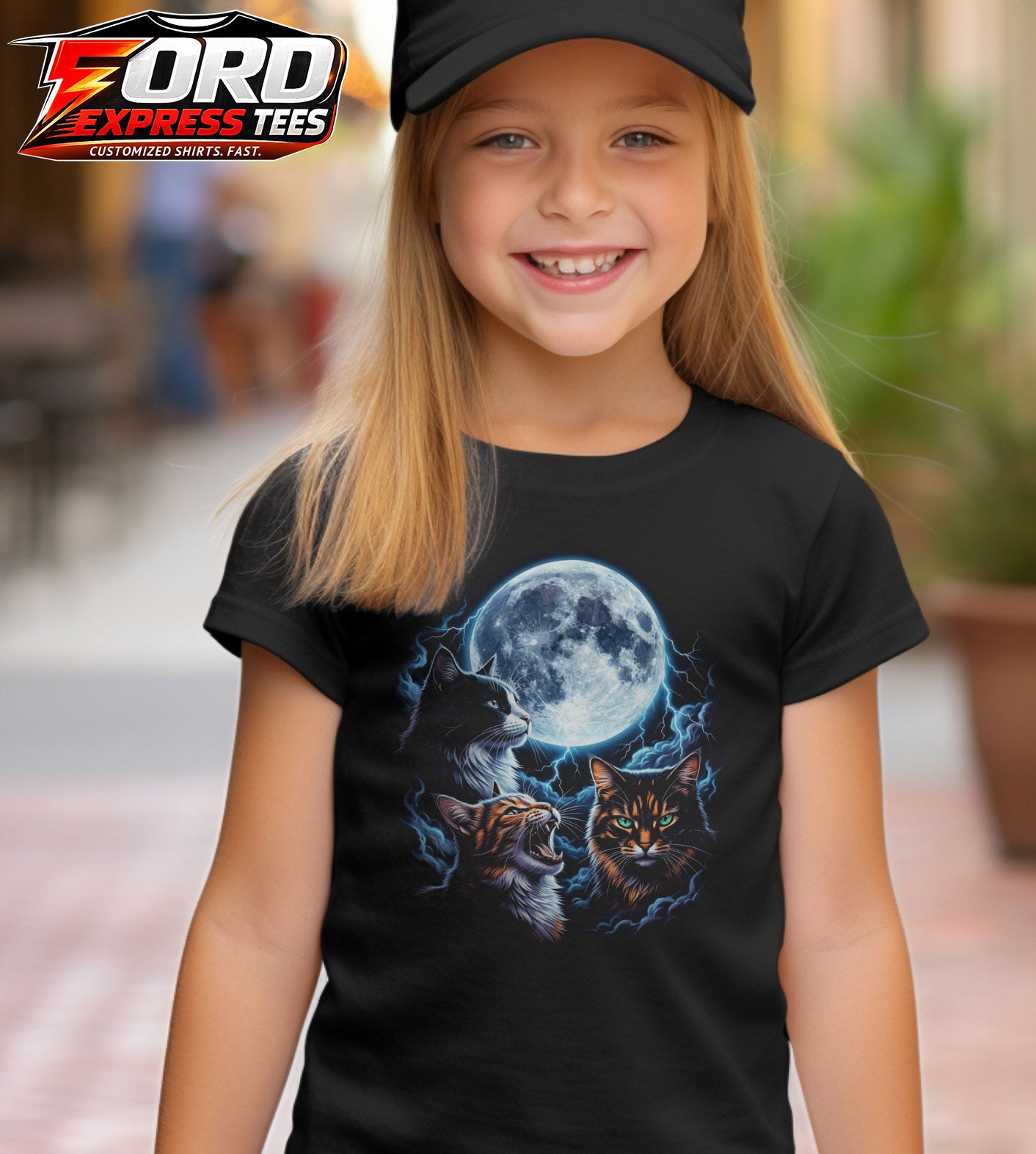 Cats with Moon and Lightning Graphic Tee