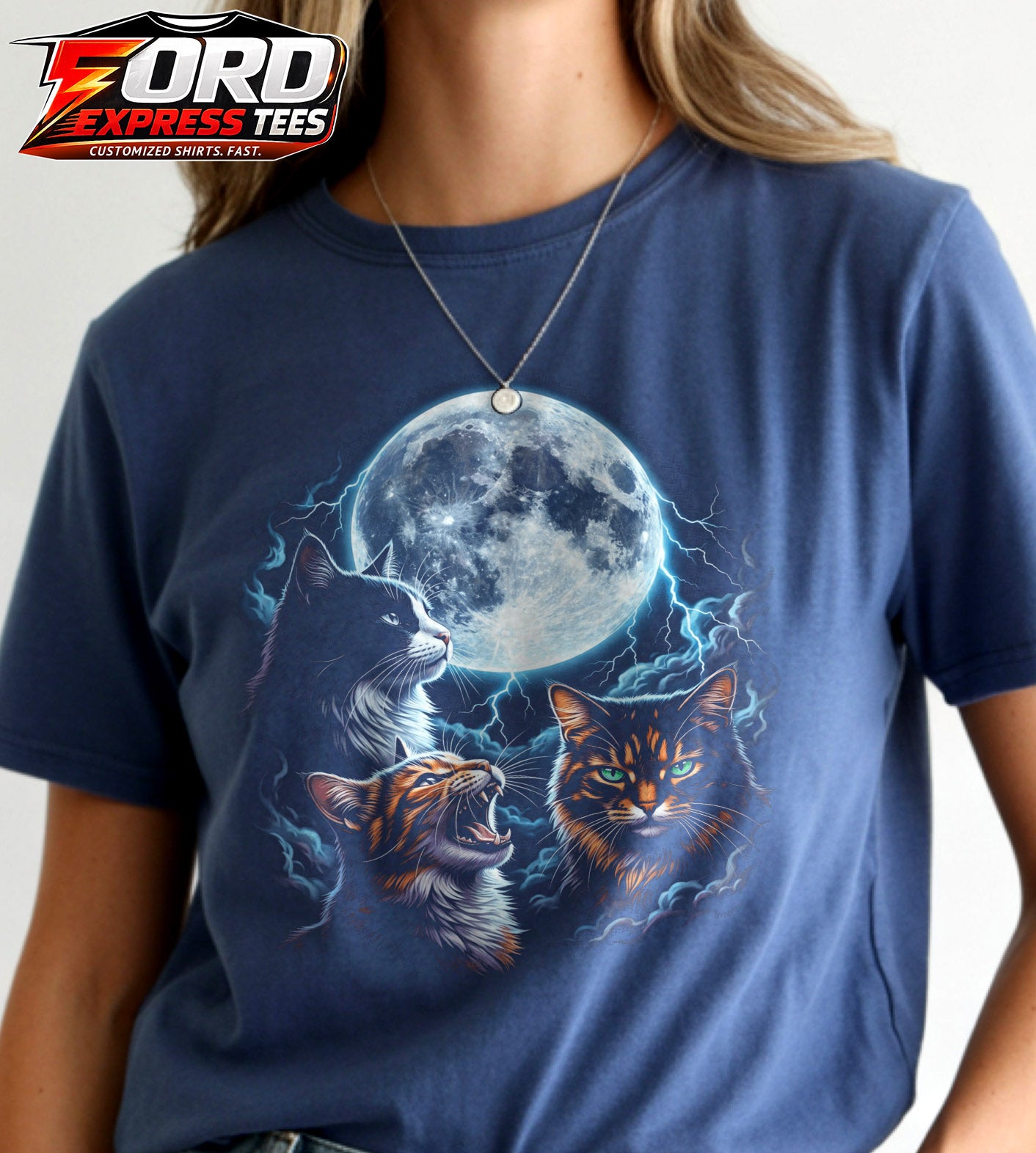 Cats with Moon and Lightning Graphic Tee