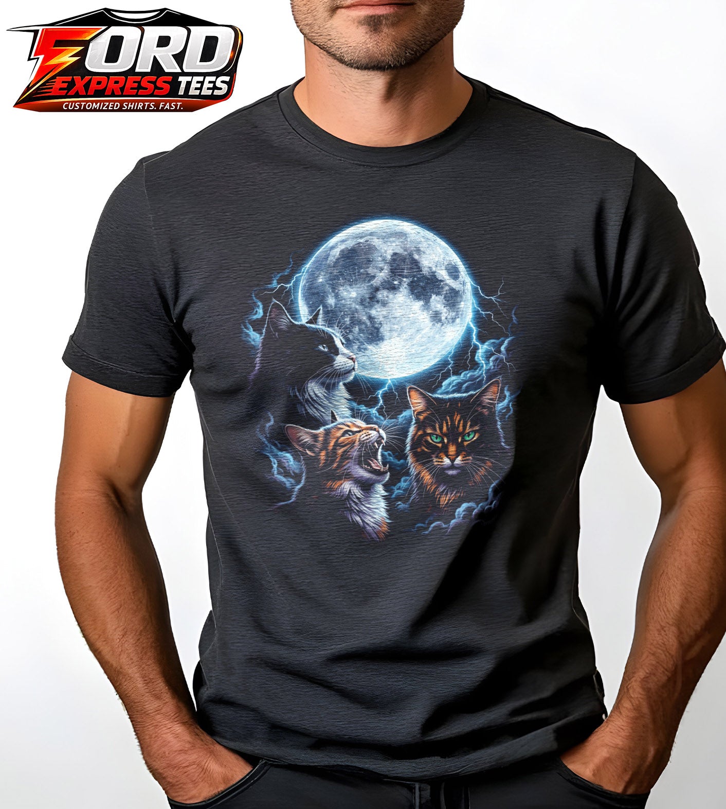 Cats with Moon and Lightning Graphic Tee