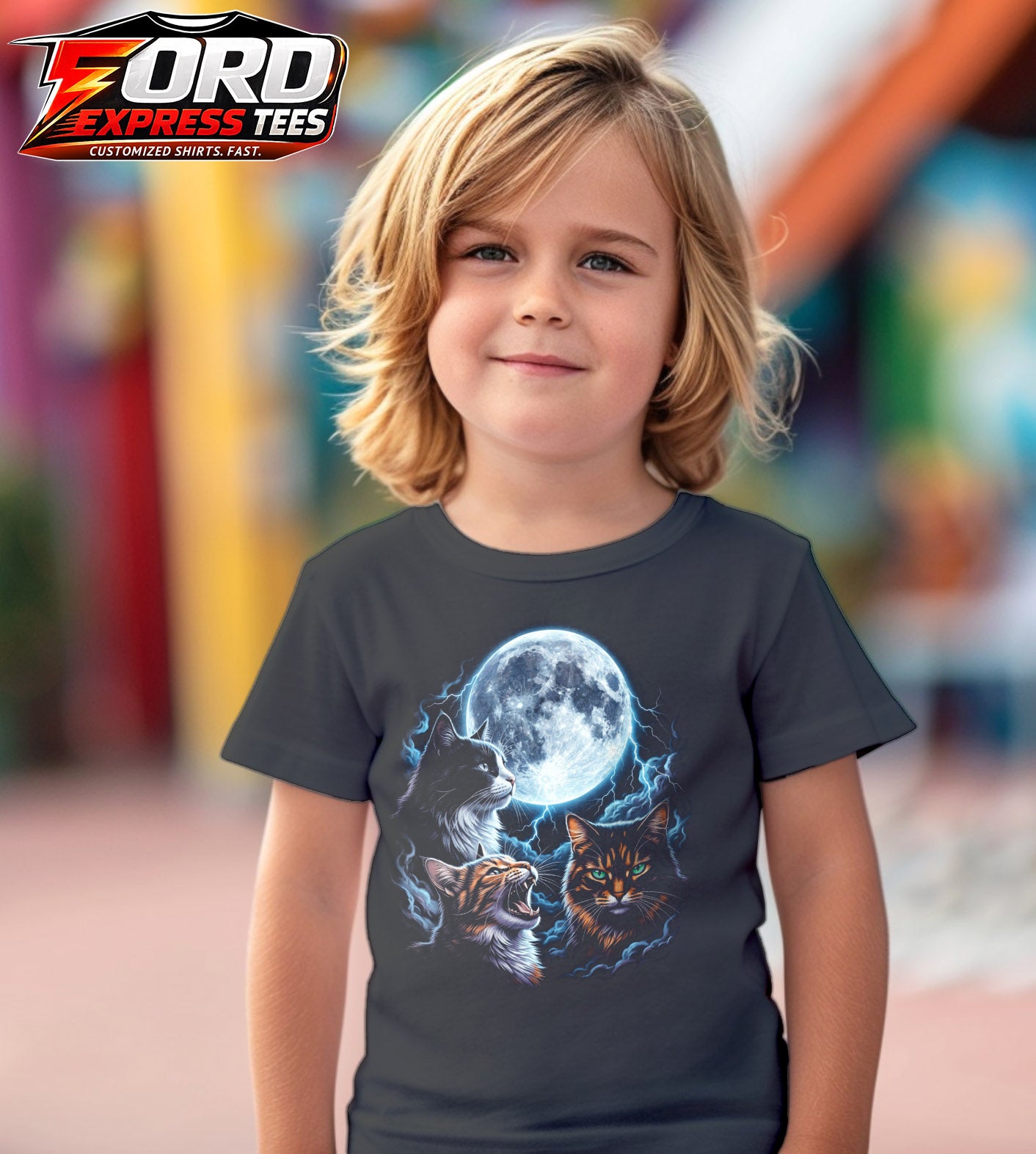 Cats with Moon and Lightning Graphic Tee