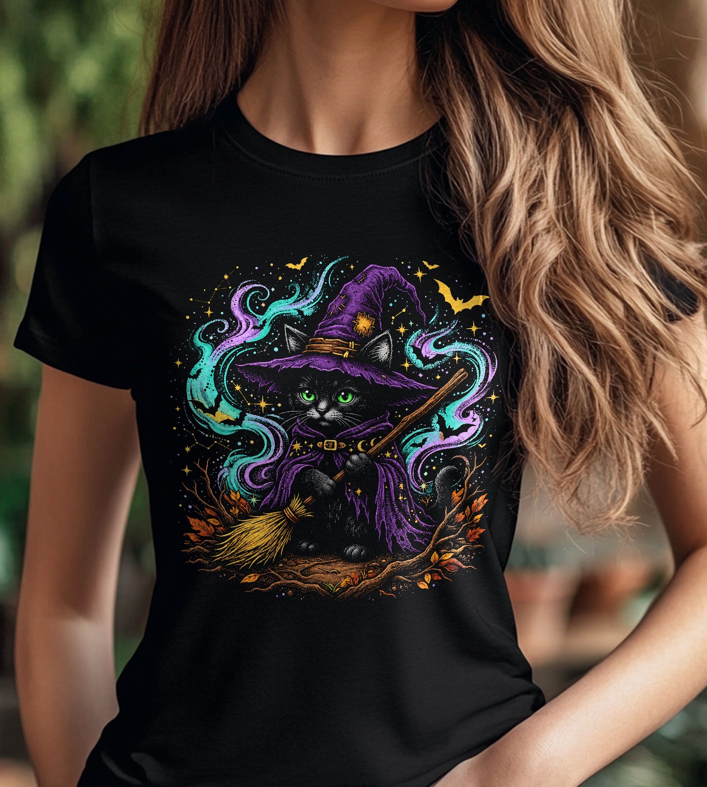 Cat Witch Halloween Graphic Tee