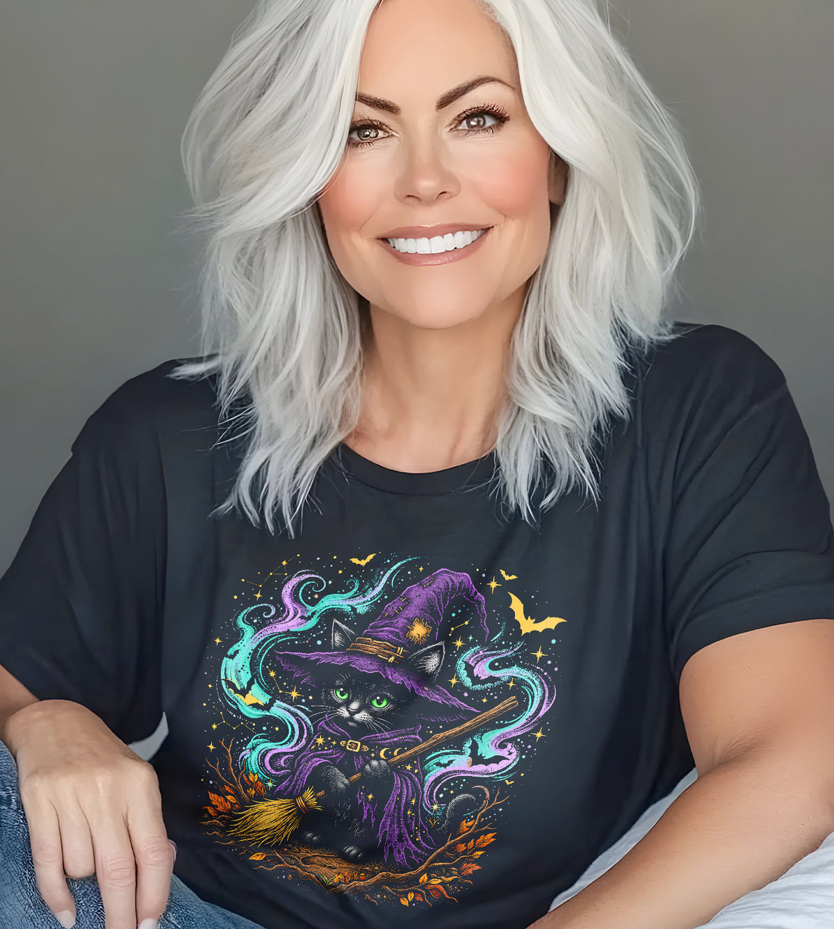 Cat Witch Halloween Graphic Tee