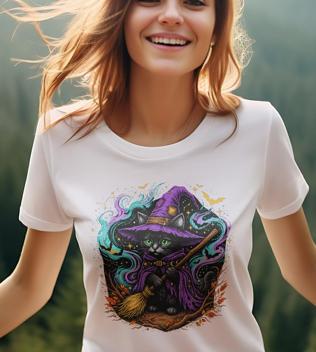 Cat Witch Halloween Graphic Tee