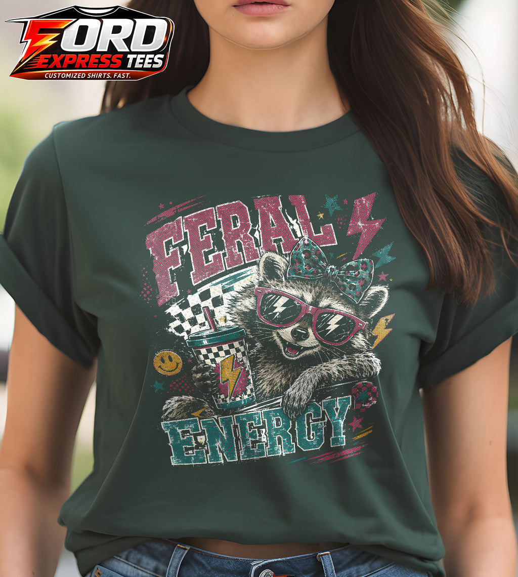 Feral Energy Funny Raccoon Graphic Tee
