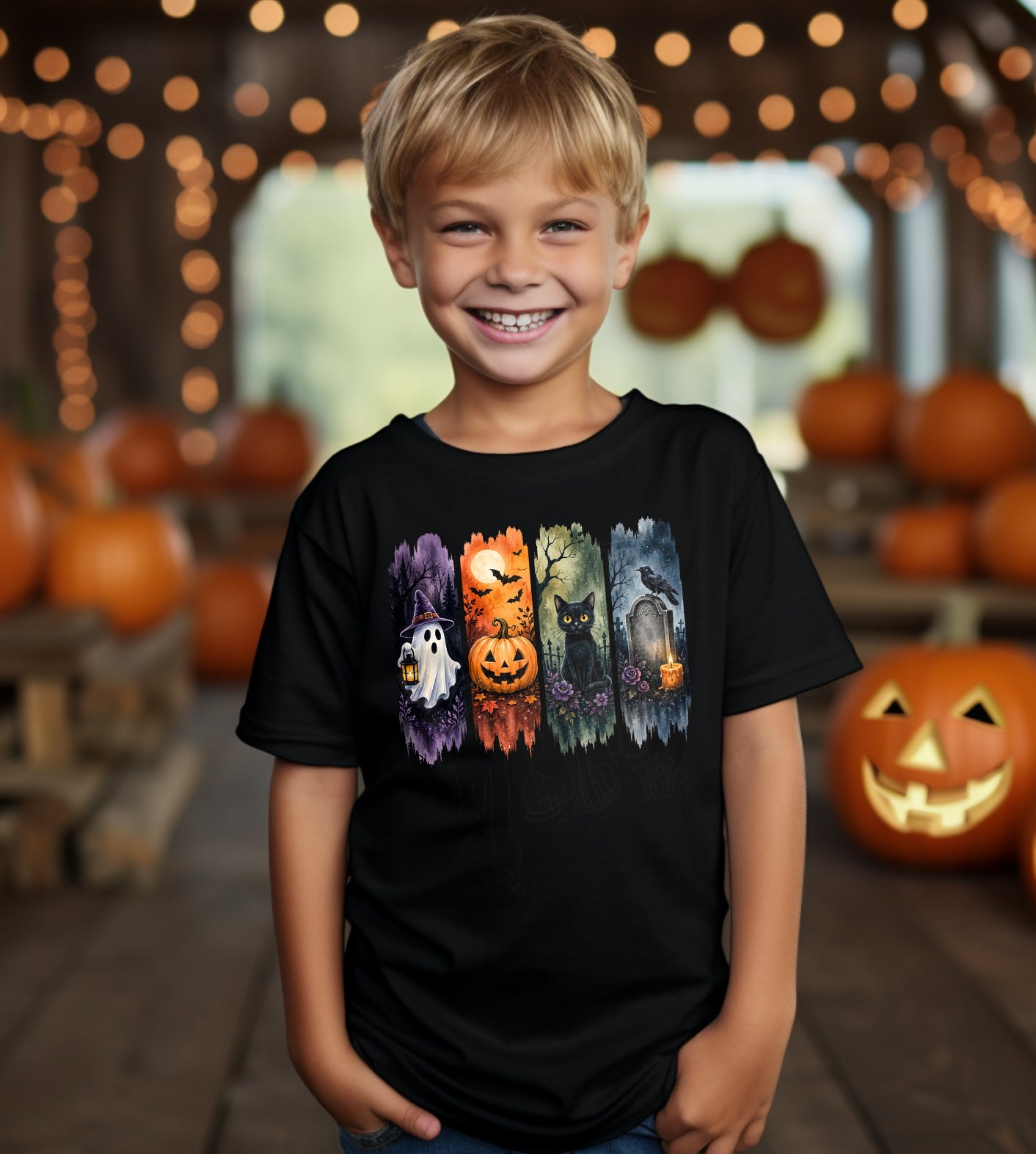 Ghost Pumpkin and Cat Halloween Graphic Tee