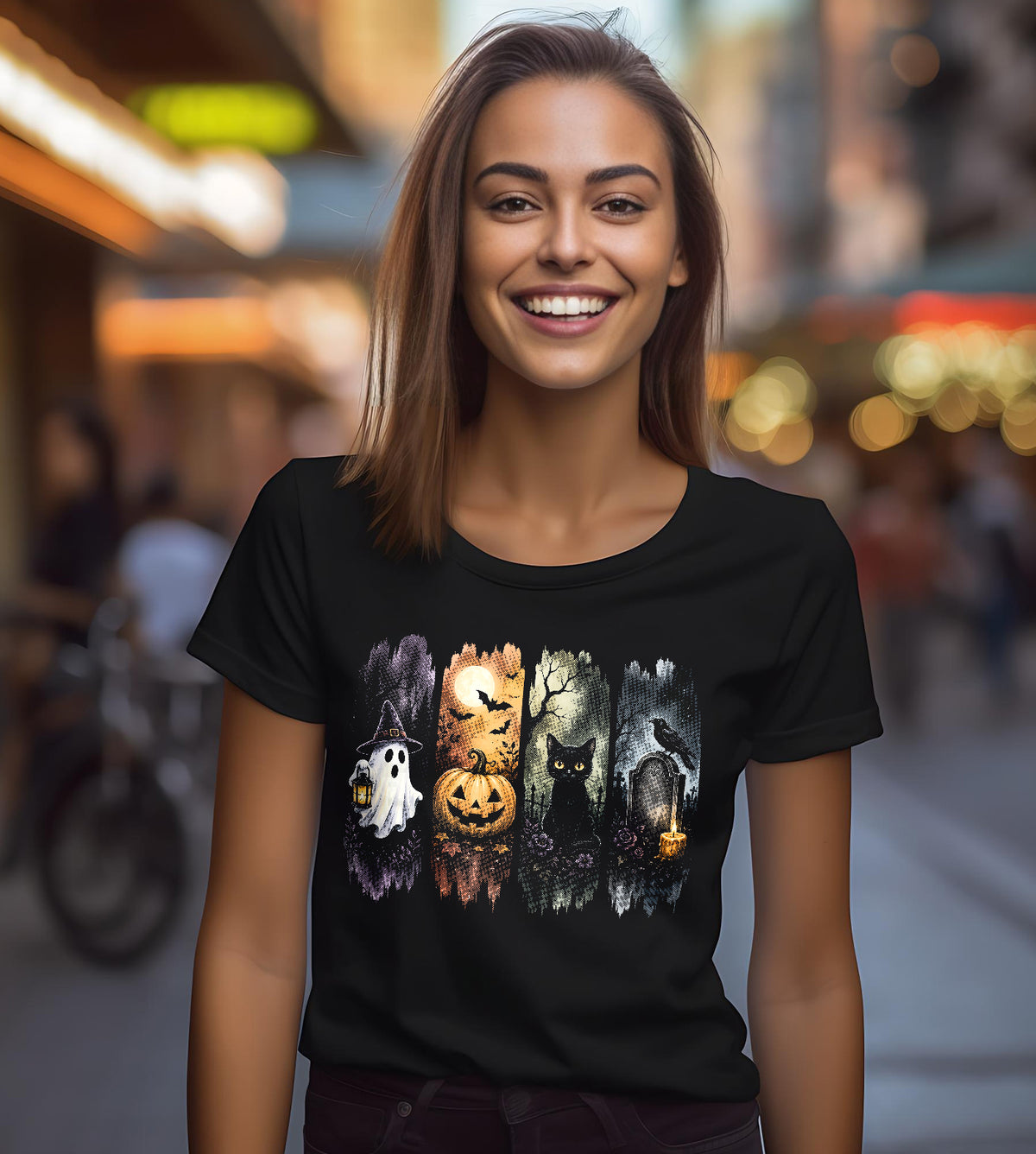 Ghost Pumpkin and Cat Halloween Graphic Tee