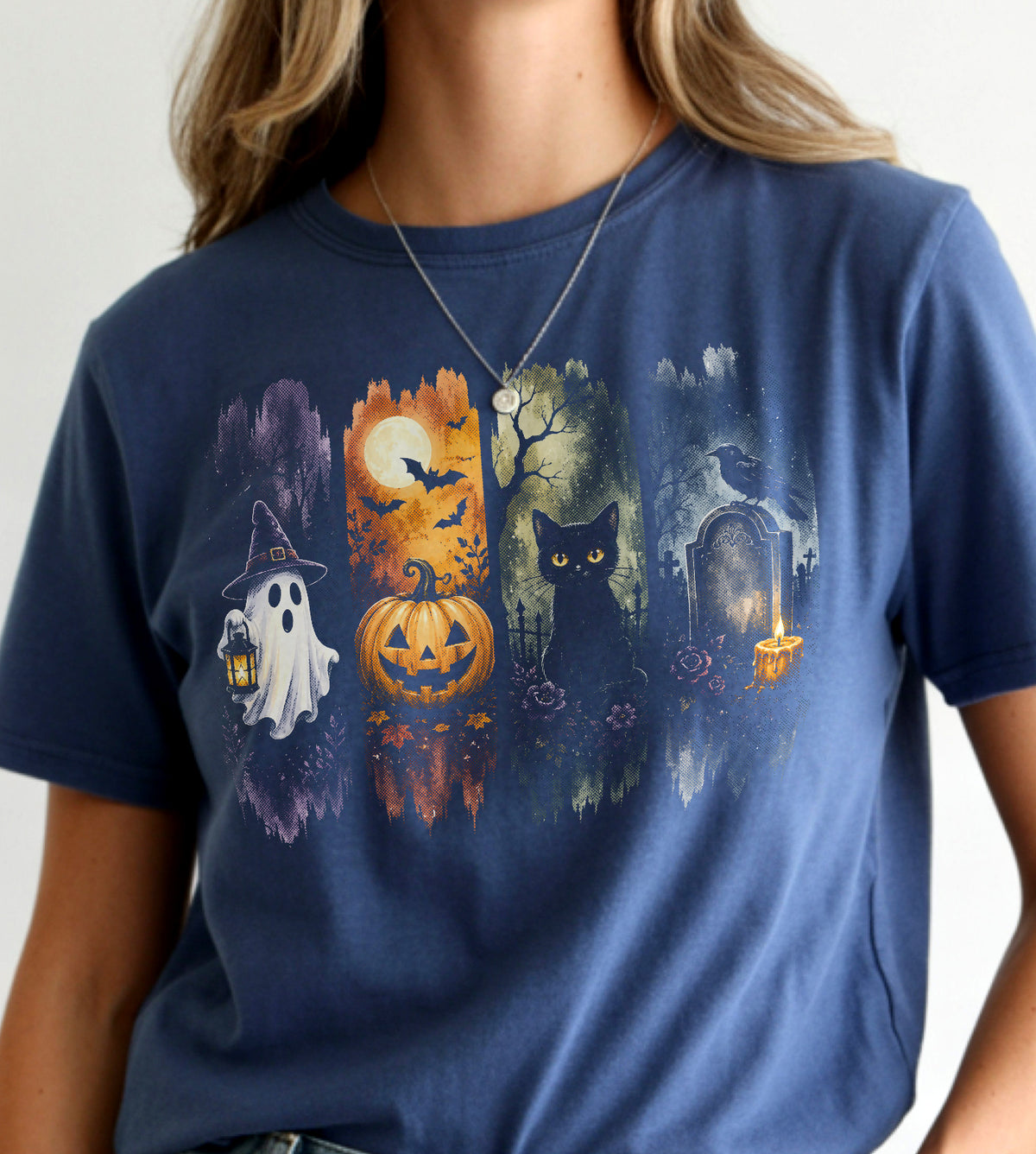 Ghost Pumpkin and Cat Halloween Graphic Tee