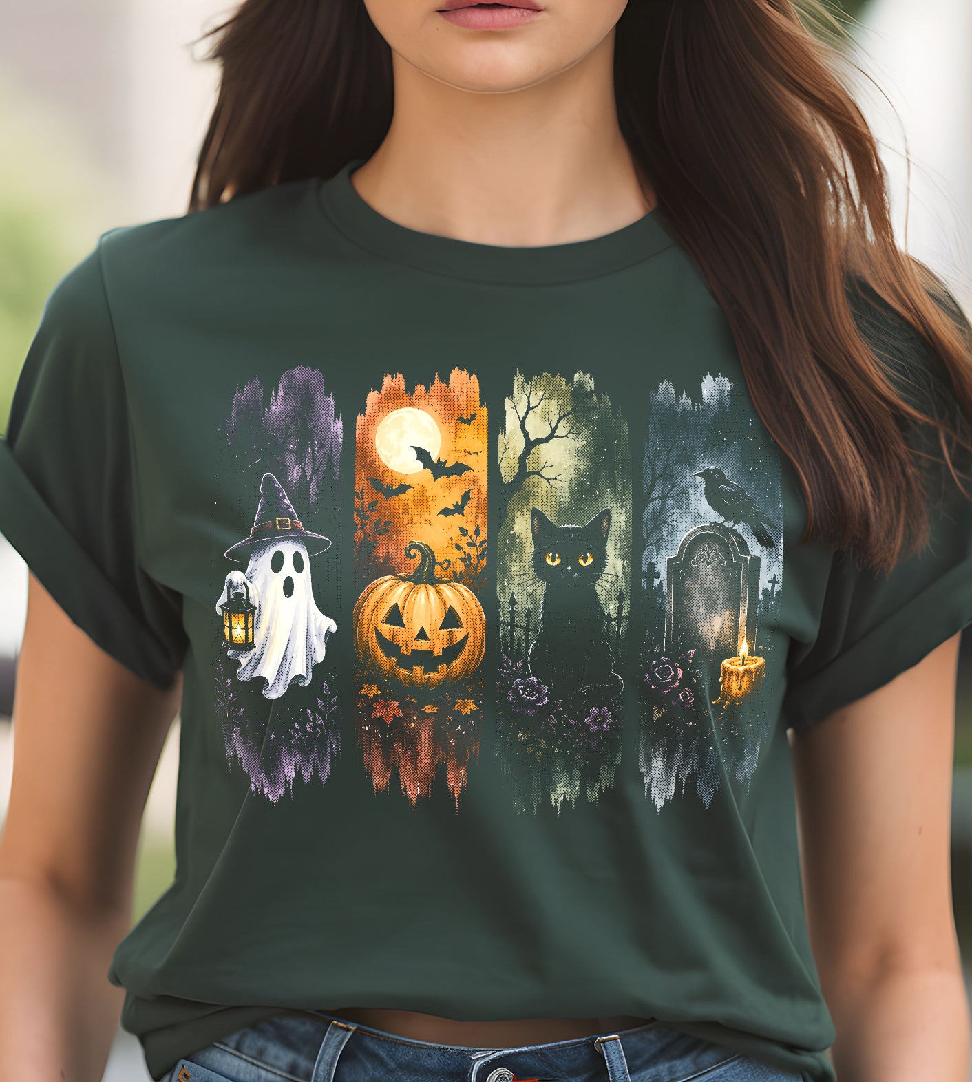 Ghost Pumpkin and Cat Halloween Graphic Tee