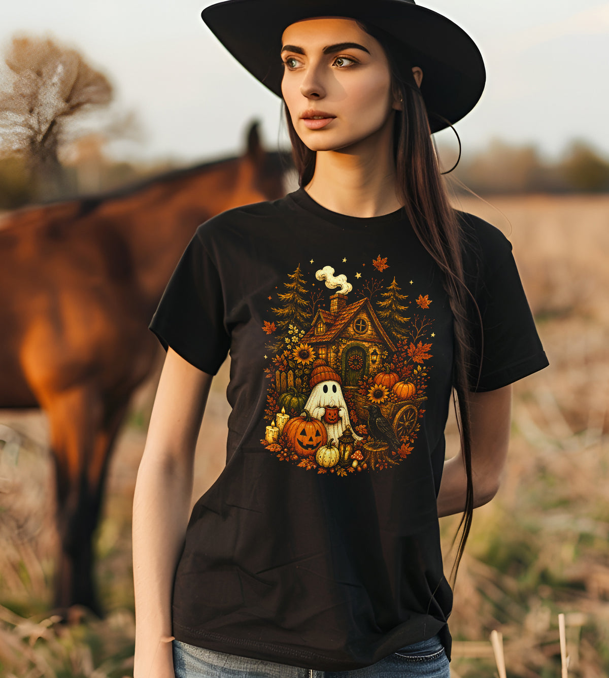 Ghost with Pumpkins and House Fall Graphic Tee