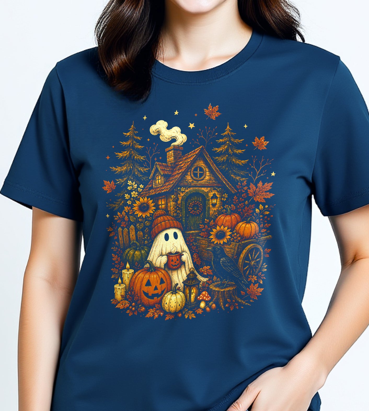 Ghost with Pumpkins and House Fall Graphic Tee
