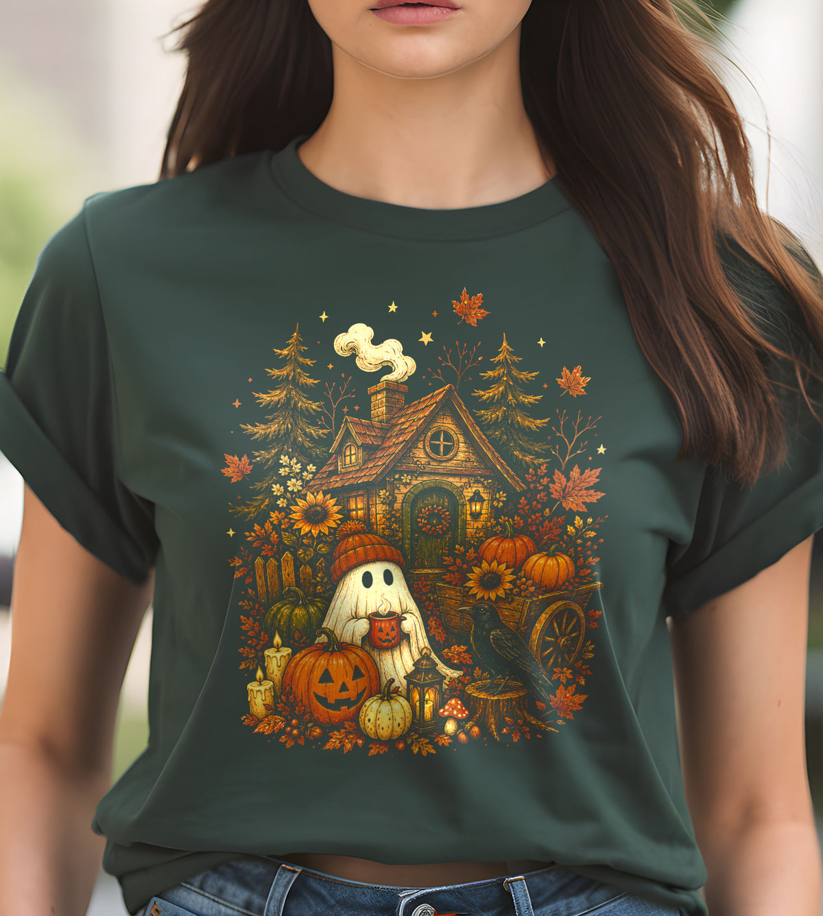 Ghost with Pumpkins and House Fall Graphic Tee