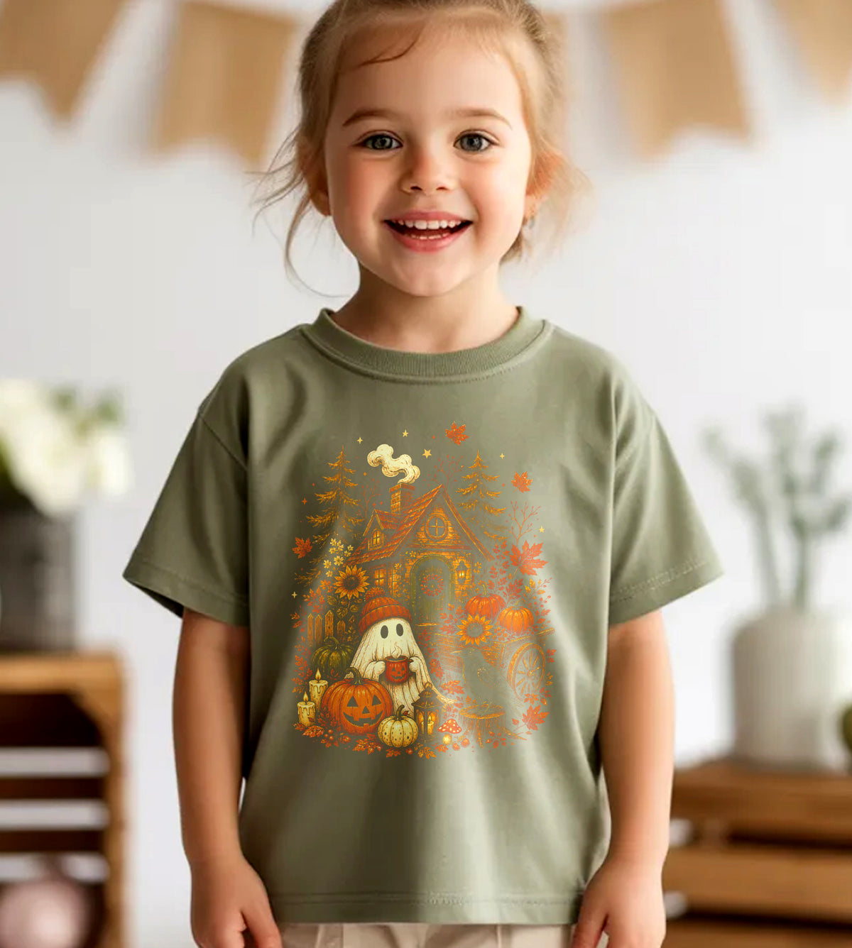 Ghost with Pumpkins and House Fall Graphic Tee