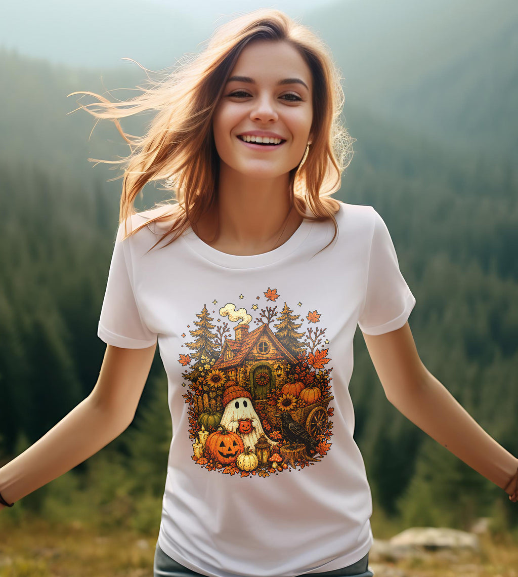 Ghost with Pumpkins and House Fall Graphic Tee