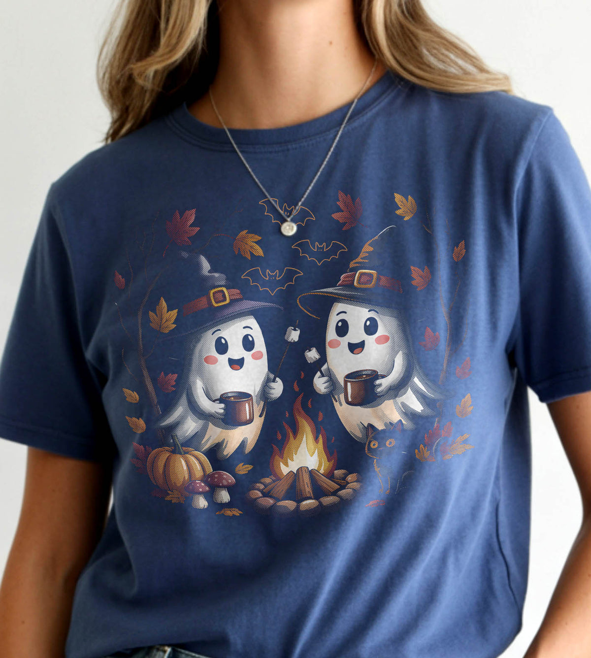 Halloween Ghosts Roasting Marshmellows Fall Graphic Tee