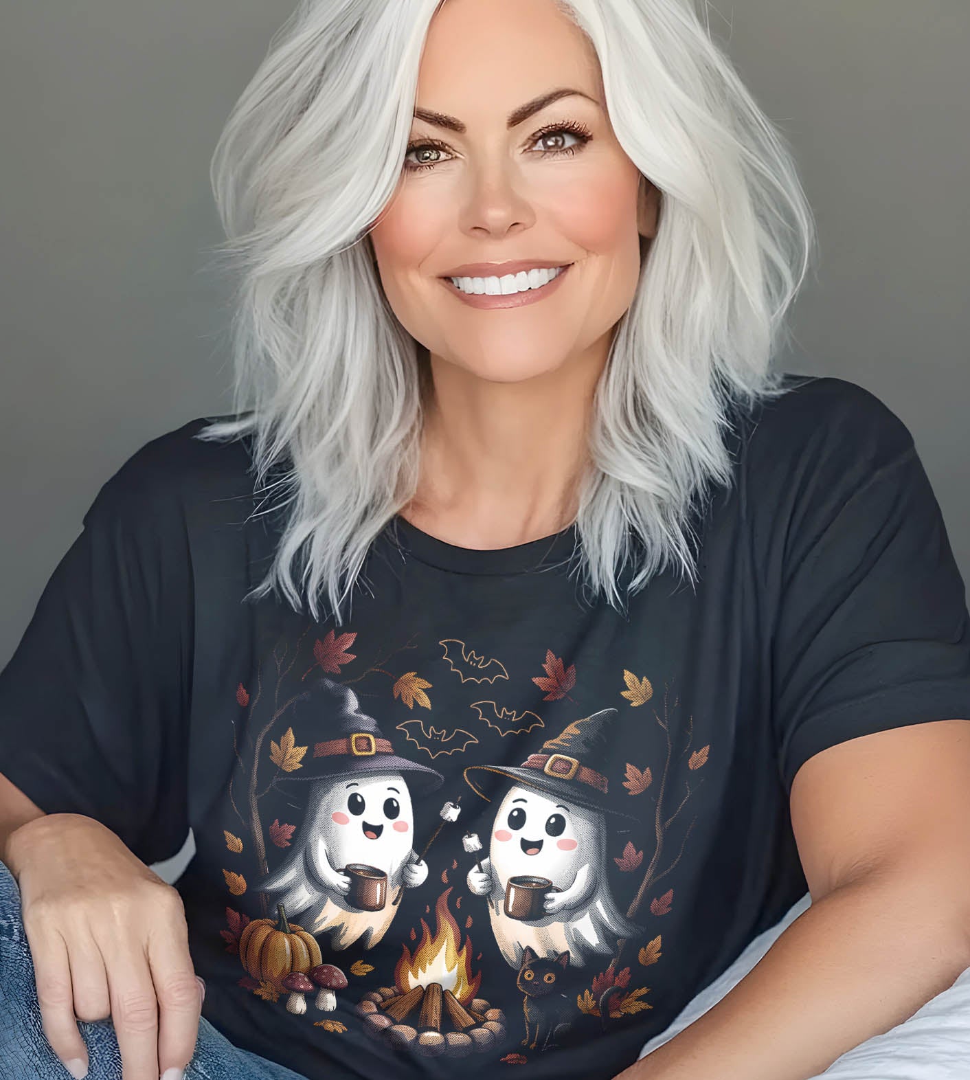 Halloween Ghosts Roasting Marshmellows Fall Graphic Tee