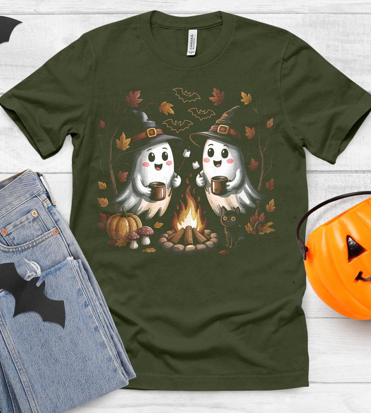 Halloween Ghosts Roasting Marshmellows Fall Graphic Tee