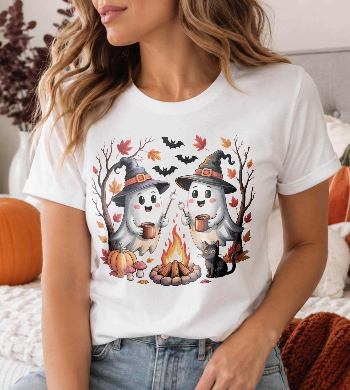 Halloween Ghosts Roasting Marshmellows Fall Graphic Tee