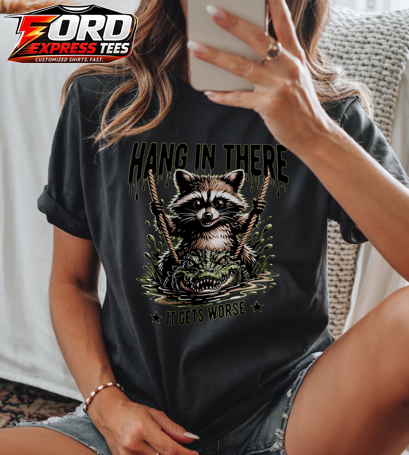 Funny Hang in There Raccoon Graphic Tee