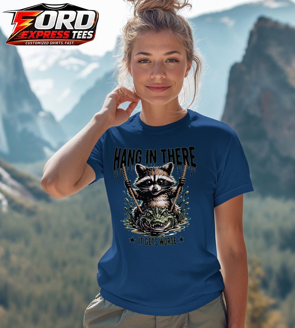 Funny Hang in There Raccoon Graphic Tee