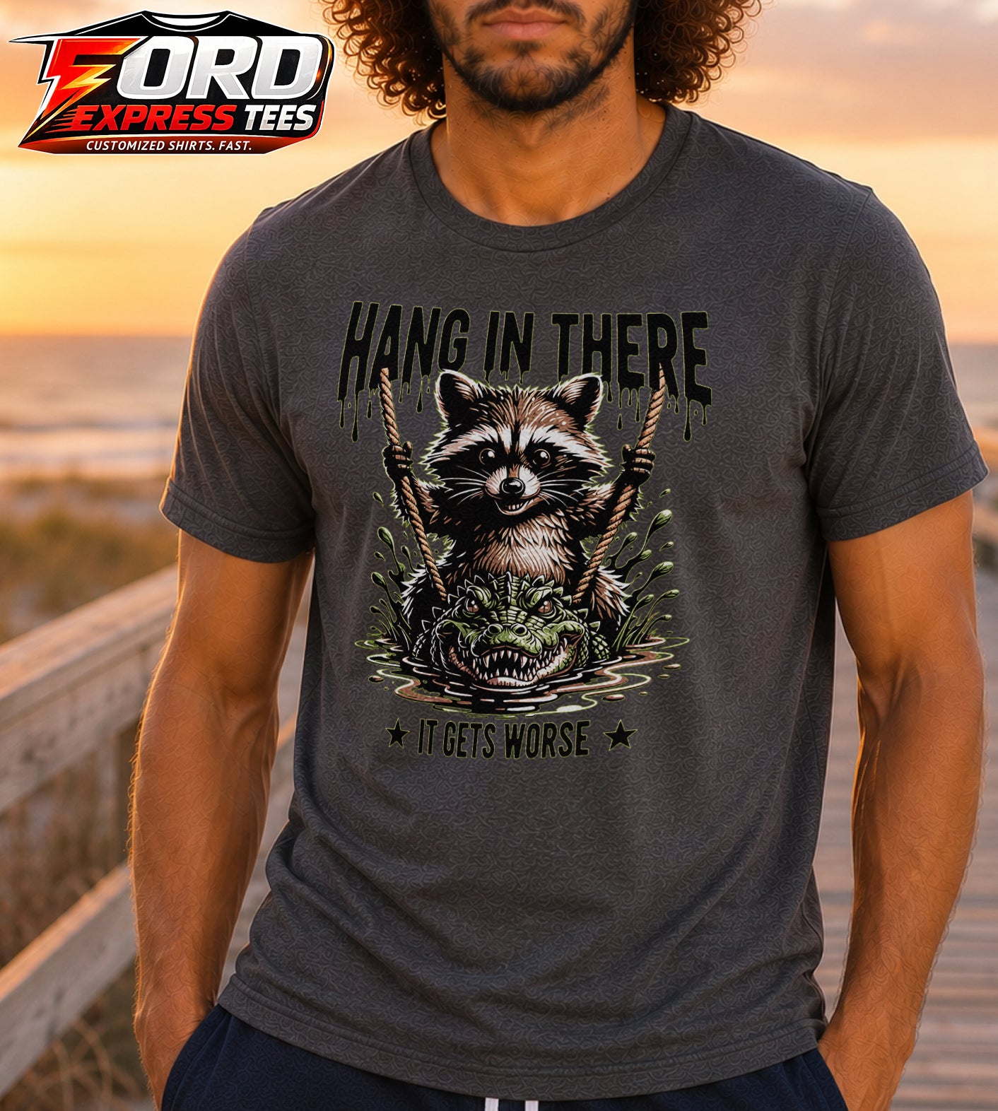Funny Hang in There Raccoon Graphic Tee