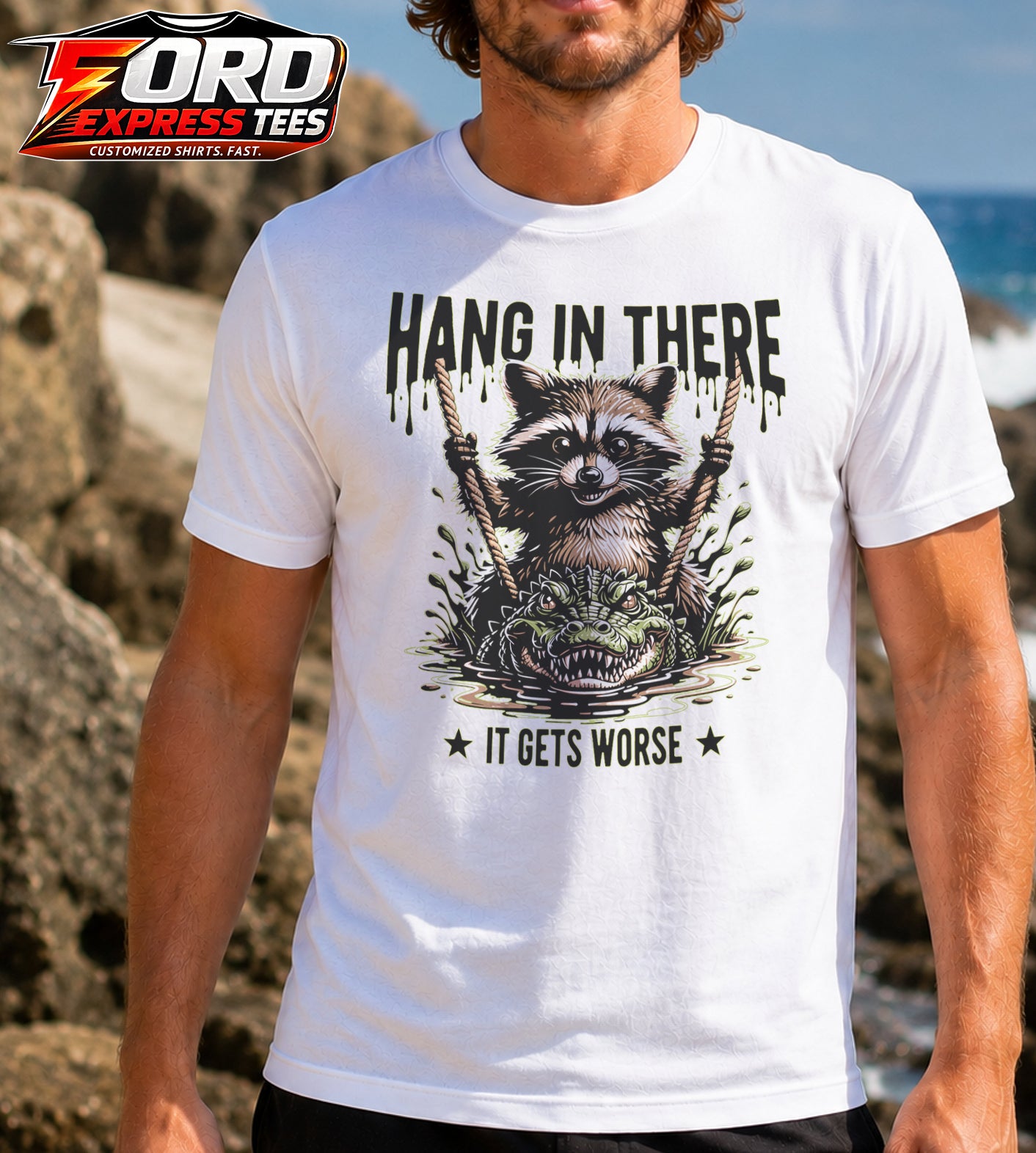 Funny Hang in There Raccoon Graphic Tee