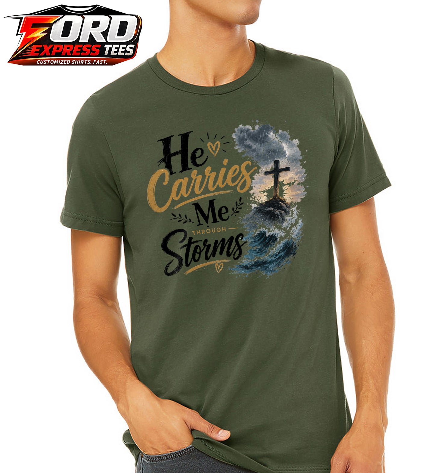 He Carries Me Through Storms Graphic Tee
