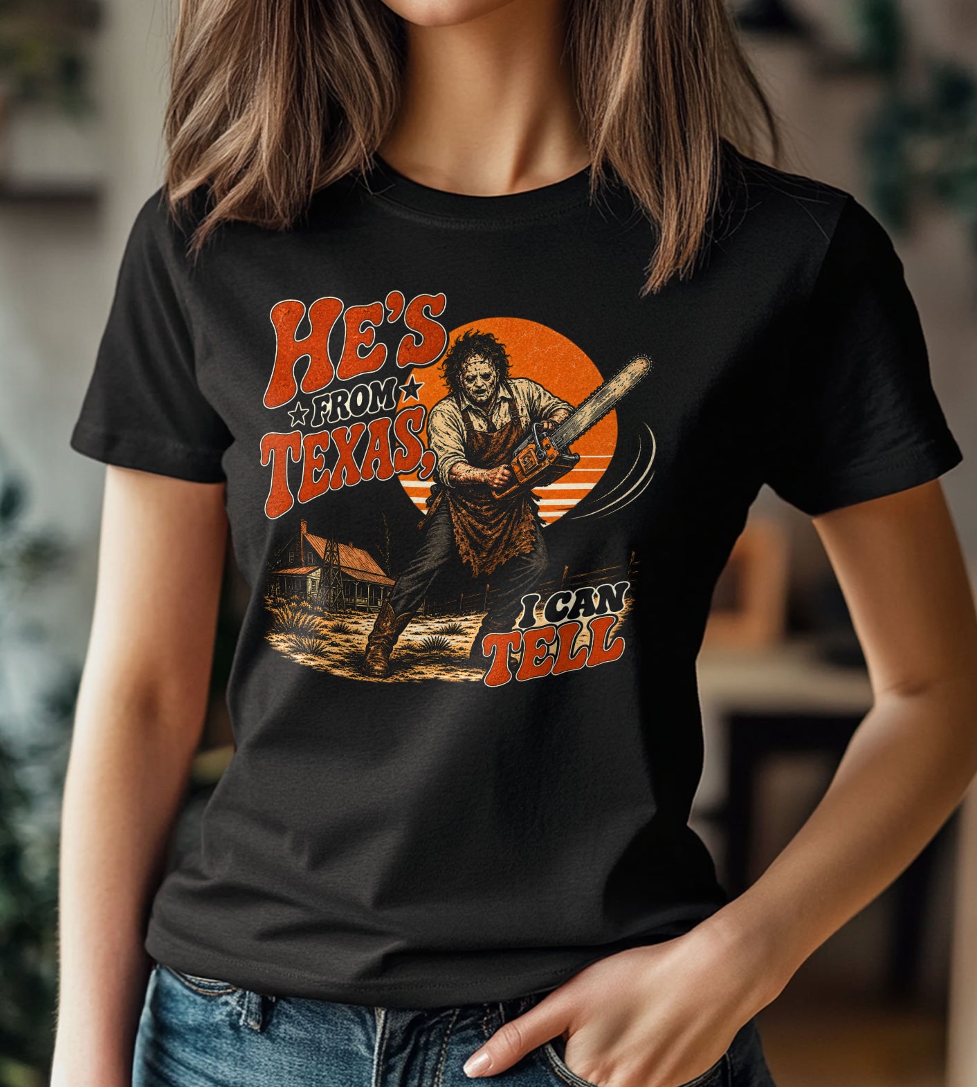 He's from Texas I can Tell Chainsaw Massacre Funny Halloween Graphic Tee