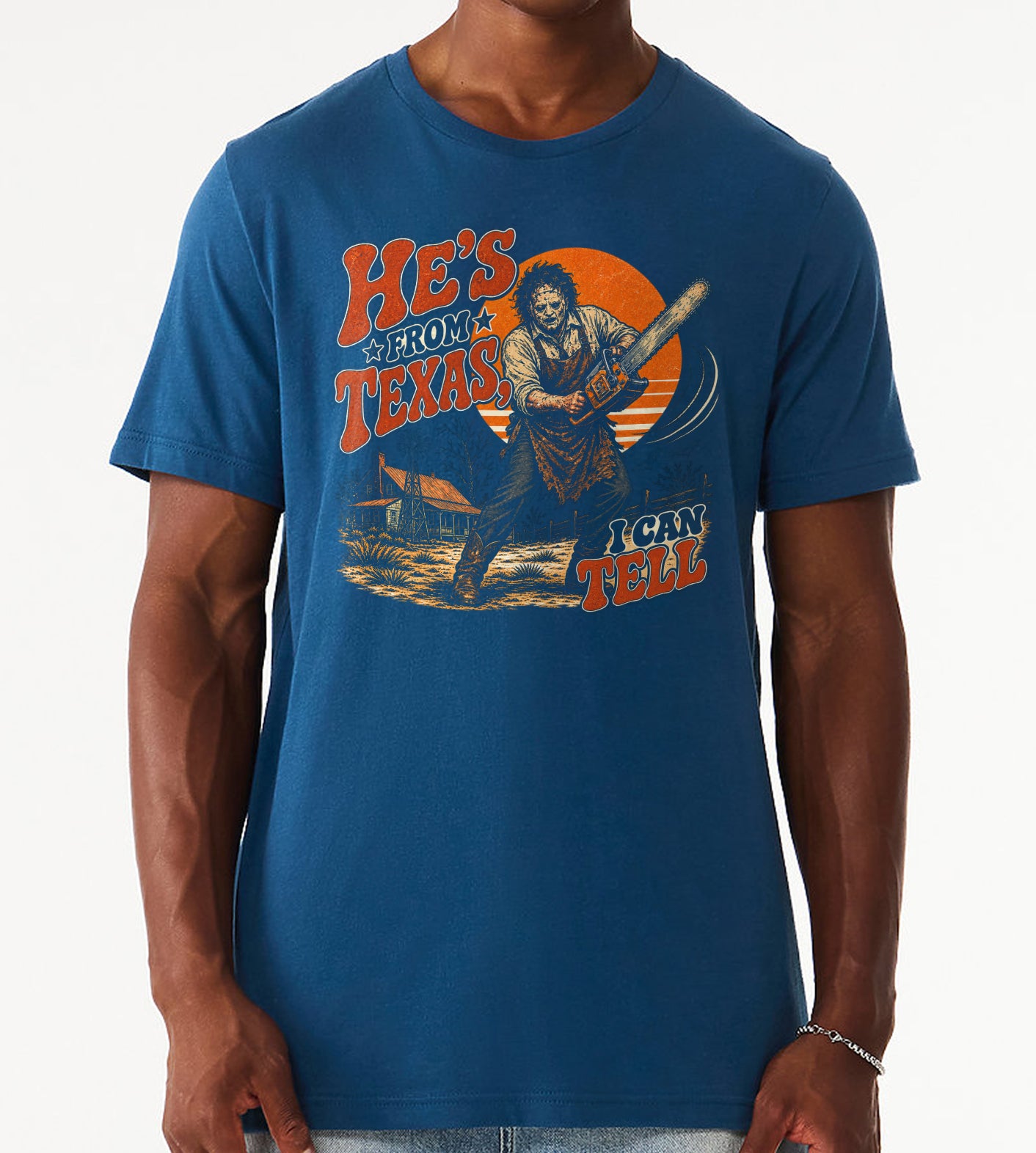 He's from Texas I can Tell Chainsaw Massacre Funny Halloween Graphic Tee